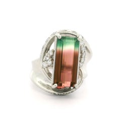 Solid Platinum 5.7ctw Emerald Cut Watermelon Tourmaline w/ Diamond Chunky Ring