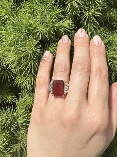 Solid Platinum 5.81ctw Emerald Cut Deep Reddish Orange Fire Opal & Diamond Ring