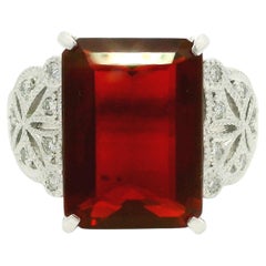 Solid Platinum 5.81ctw Emerald Cut Deep Reddish Orange Fire Opal & Diamond Ring