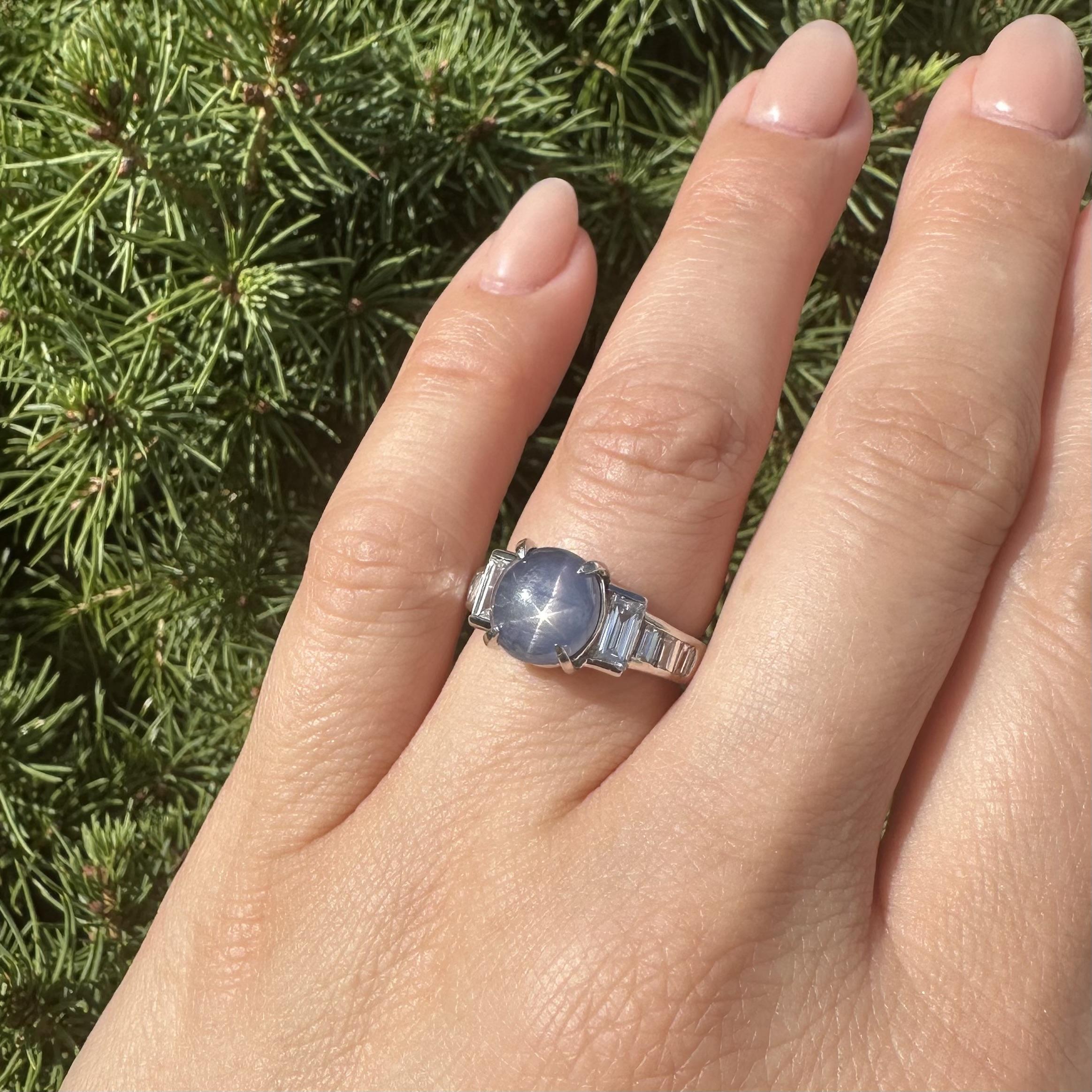 Solide Platin 6,60ctw Blue Star Saphir große Baguette Diamanten Band Ring im Angebot 5