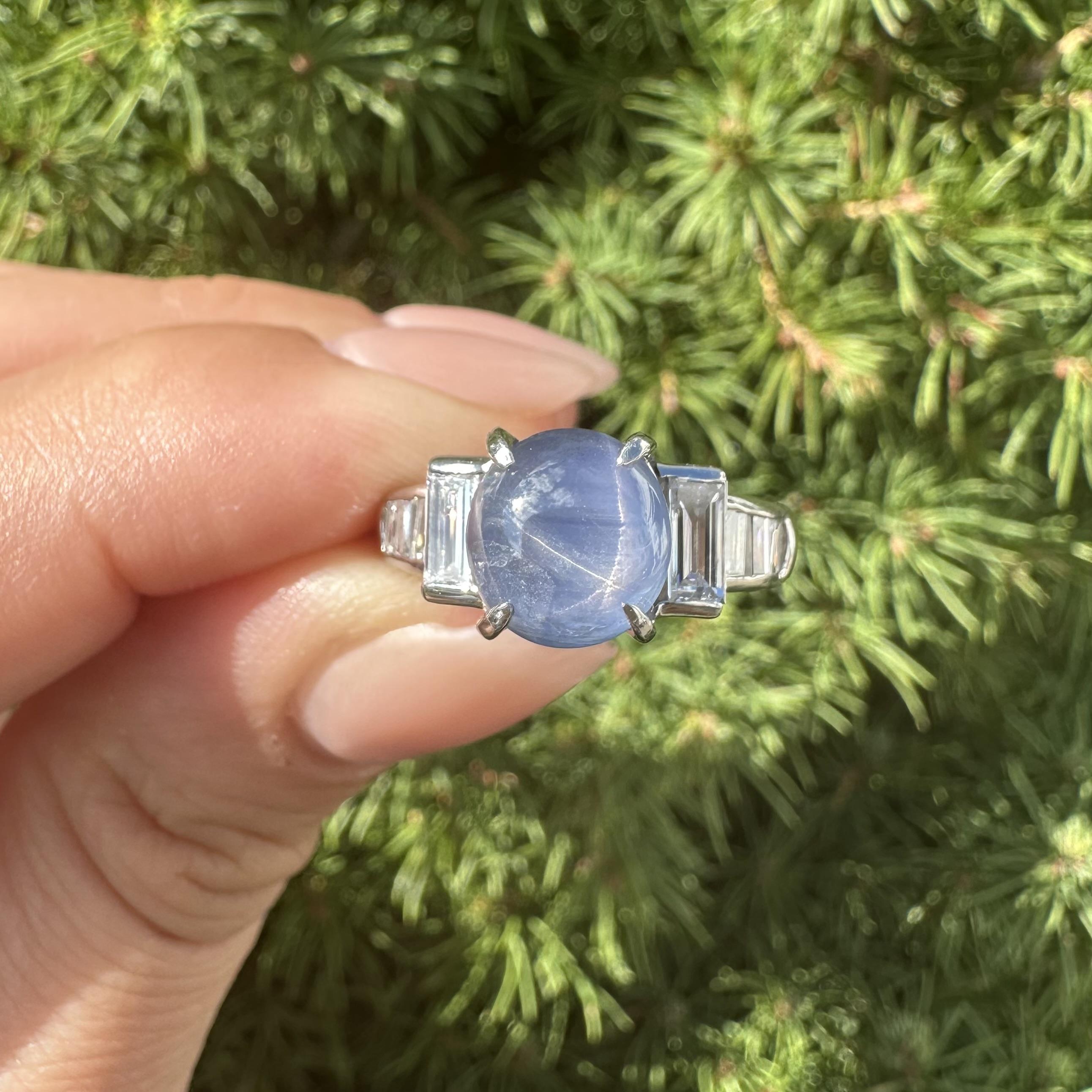 Solide Platin 6,60ctw Blue Star Saphir große Baguette Diamanten Band Ring im Angebot 10