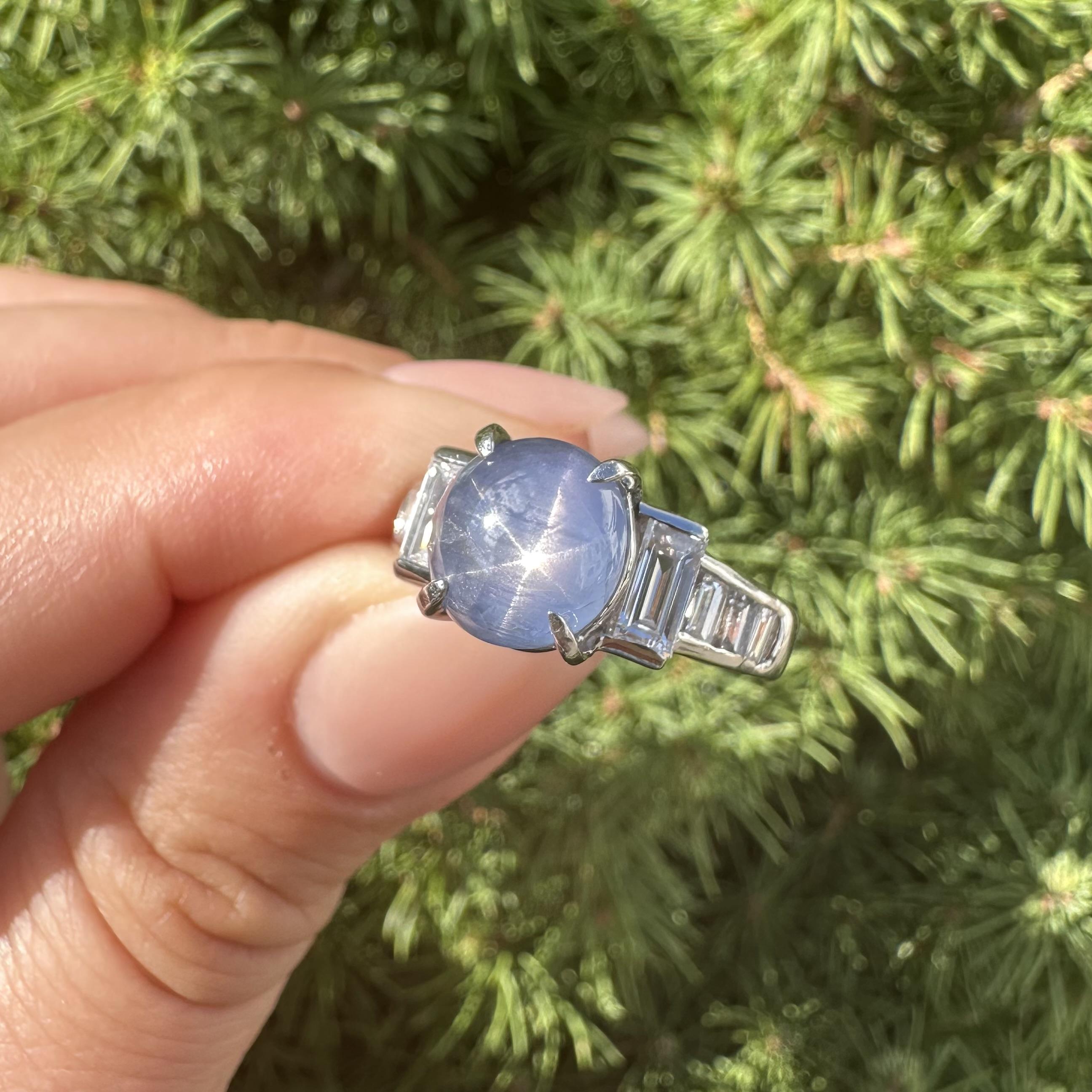 Solide Platin 6,60ctw Blue Star Saphir große Baguette Diamanten Band Ring im Angebot 12