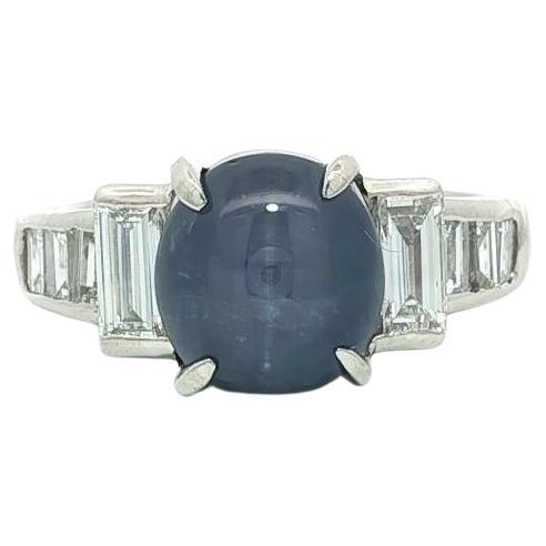 Solid Platinum 6.60ctw Blue Star Sapphire Large Baguette Diamonds Band Ring