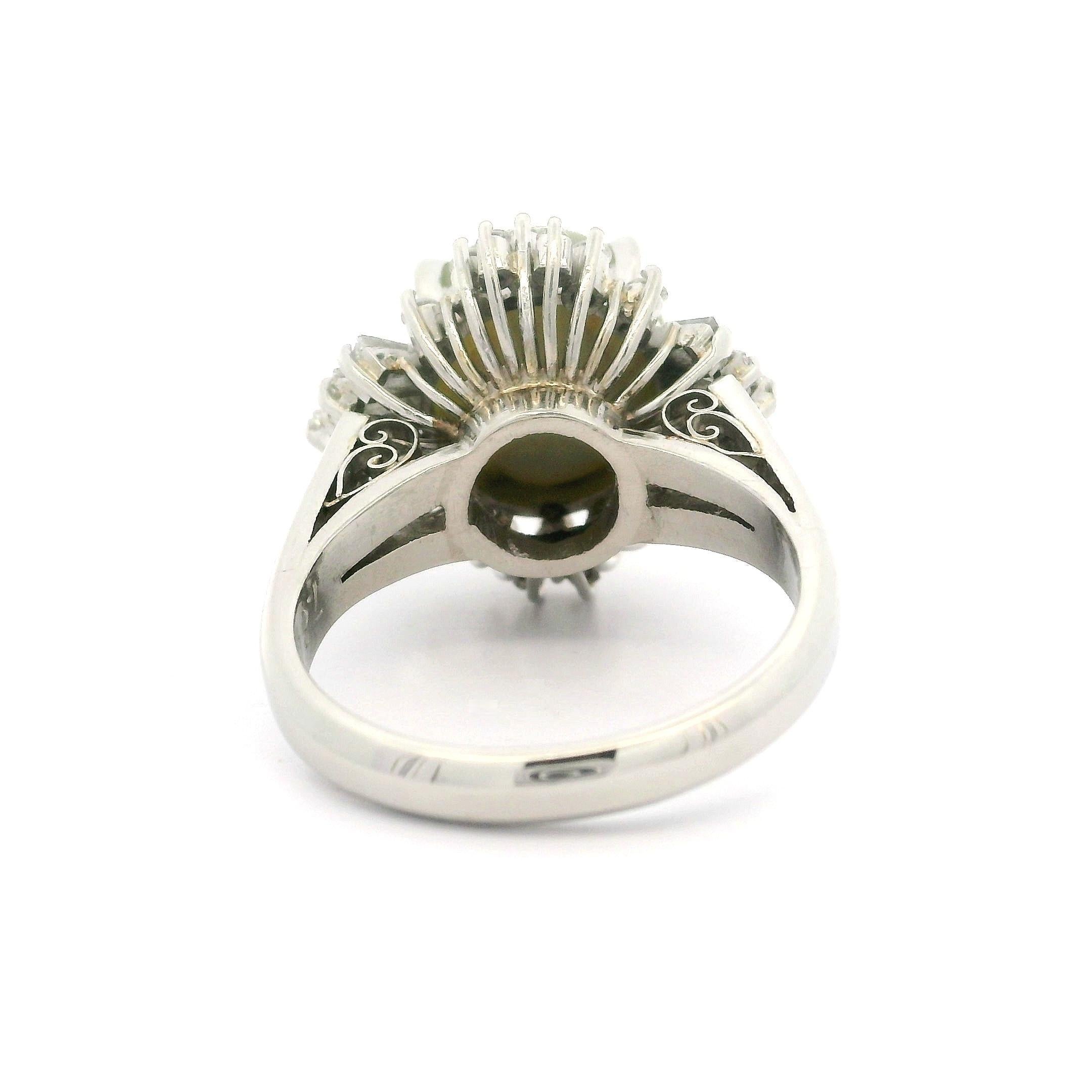 Solid Platinum 8.69ctw Cabochon Cat's Eye & Diamond Ballerina Cocktail Ring In Excellent Condition For Sale In Montclair, NJ