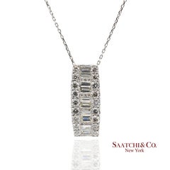 Solid Platinum 900 Baguette & Round Cut Natural Diamond Pendant Necklace