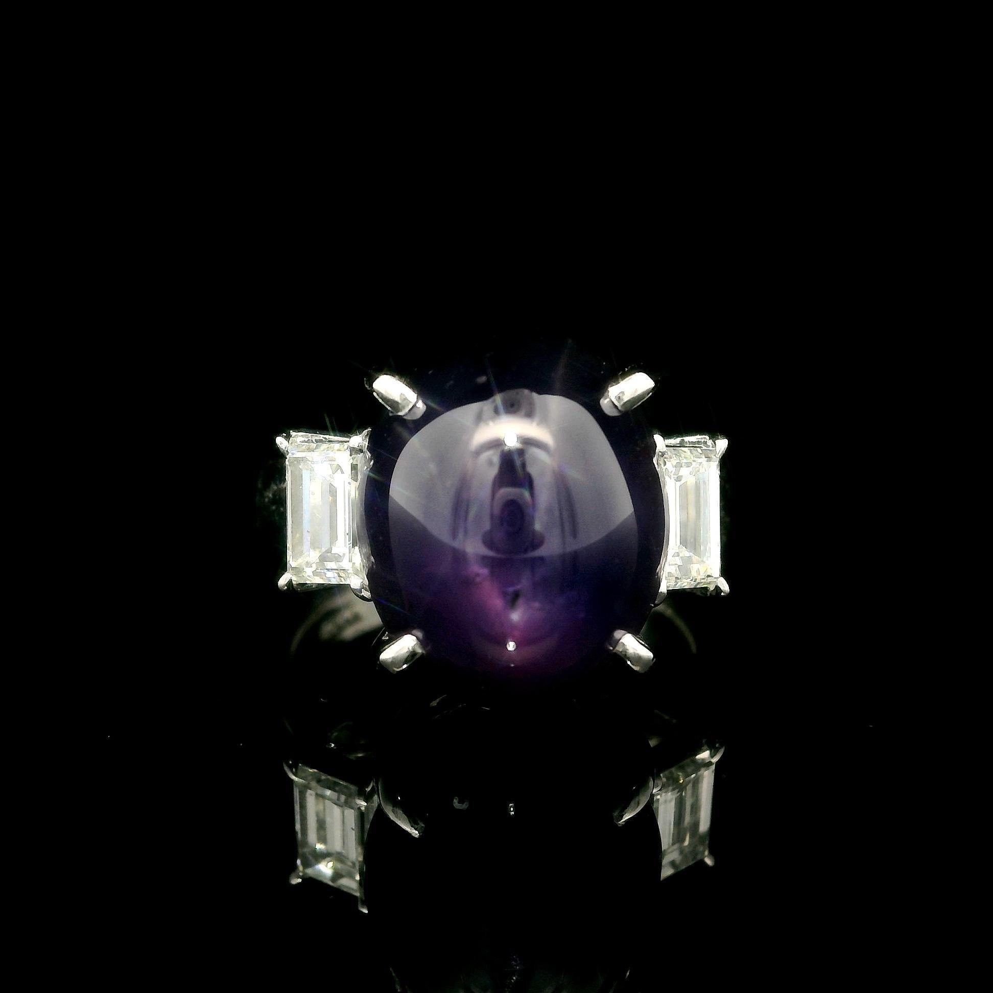 Solid Platinum GIA 15.68ctw Oval Vivid Purple Star Sapphire & Diamond Sides Ring For Sale 6