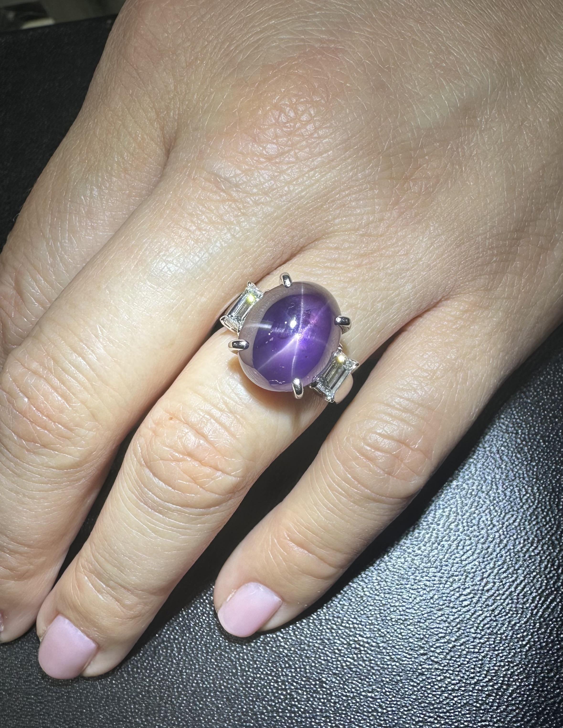 Solid Platinum GIA 15.68ctw Oval Vivid Purple Star Sapphire & Diamond Sides Ring For Sale 7