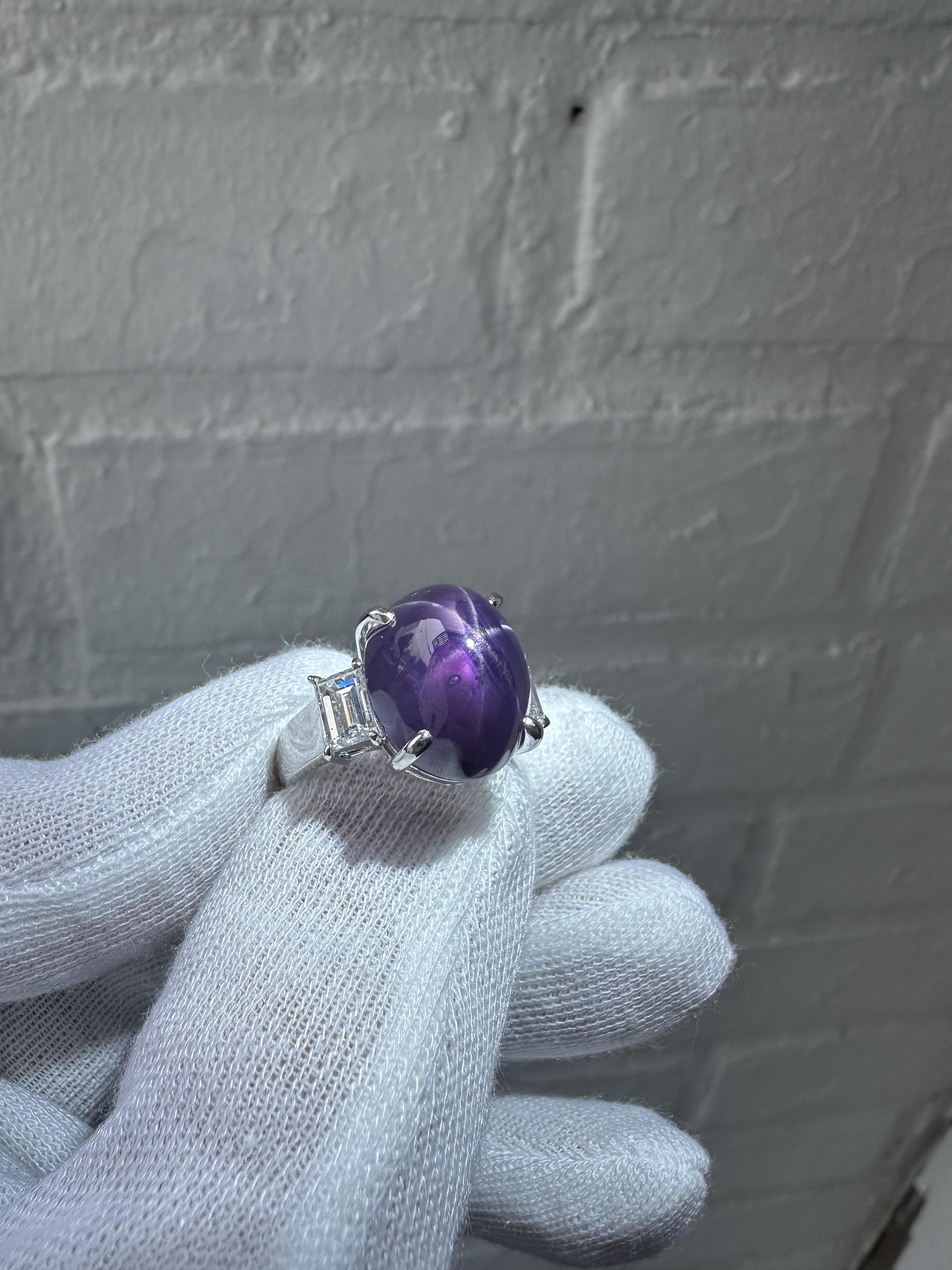 Women's Solid Platinum GIA 15.68ctw Oval Vivid Purple Star Sapphire & Diamond Sides Ring For Sale