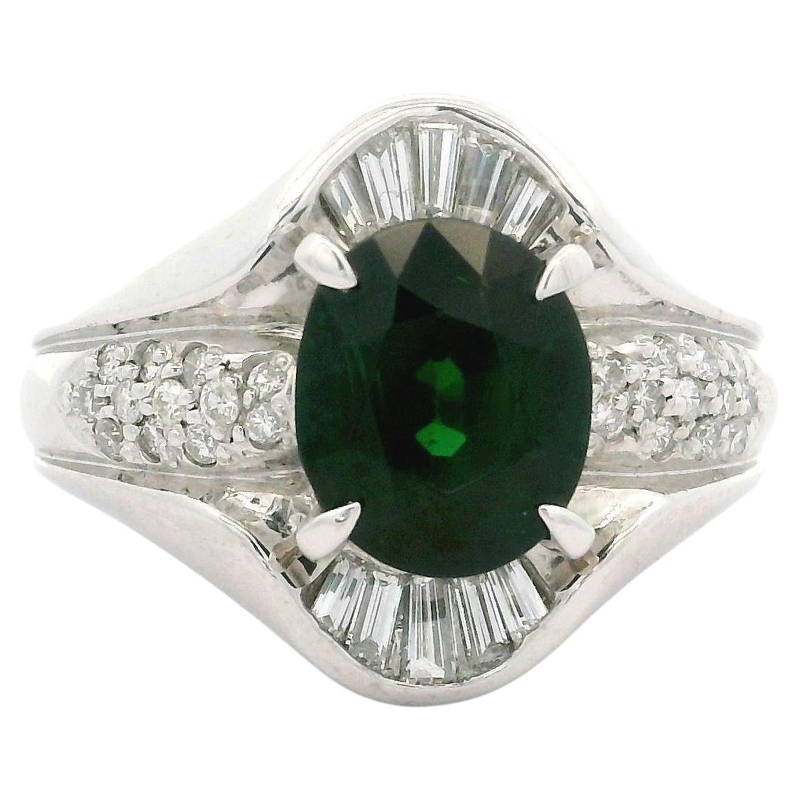 Solid Platinum GIA 2.51ctw Deep Green Tsavorite & Baguette Diamond Band Ring