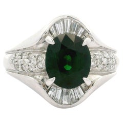 Solid Platinum GIA 2.51ctw Deep Green Tsavorite & Baguette Diamond Band Ring