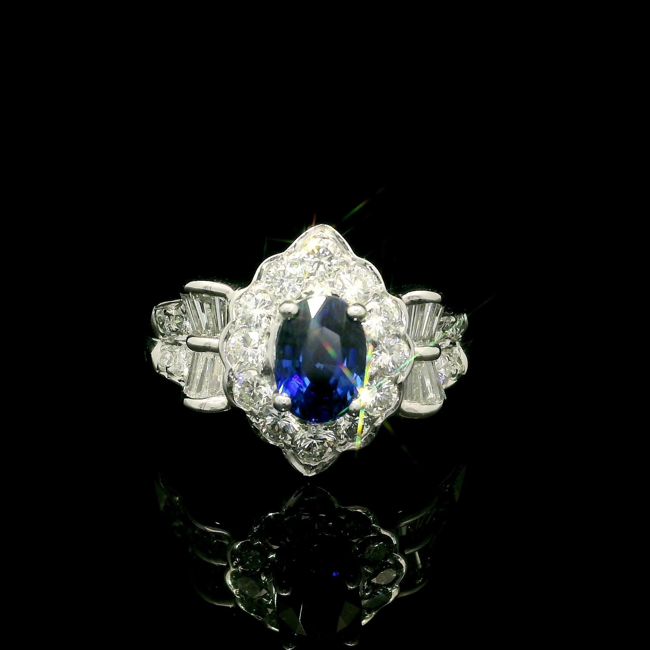 --Stone(s):--
(1) Natural Genuine Sapphire - Oval Cut - Prong Set - True Royal Blue Color - Heated - Cambodia - 1.37ct (exact - stamped)
** See Certification Details Below for Complete Info **
Numerous Natural Genuine Diamonds - Baguette & Round