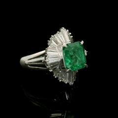 Solid Platinum GIA 3.55ctw Colombian Emerald w/ Diamond Ballerina Cocktail Ring