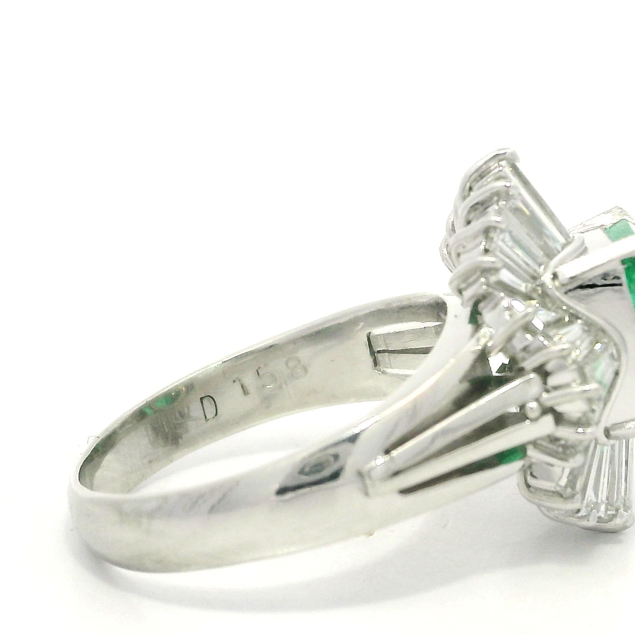 Tapered Baguette Solid Platinum GIA 3.55ctw Colombian Emerald w/ Diamond Ballerina Cocktail Ring For Sale