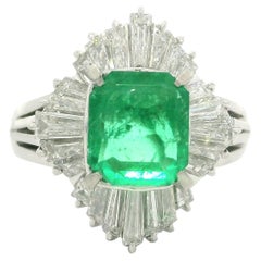 Solid Platinum GIA 3.55ctw Colombian Emerald w/ Diamond Ballerina Cocktail Ring