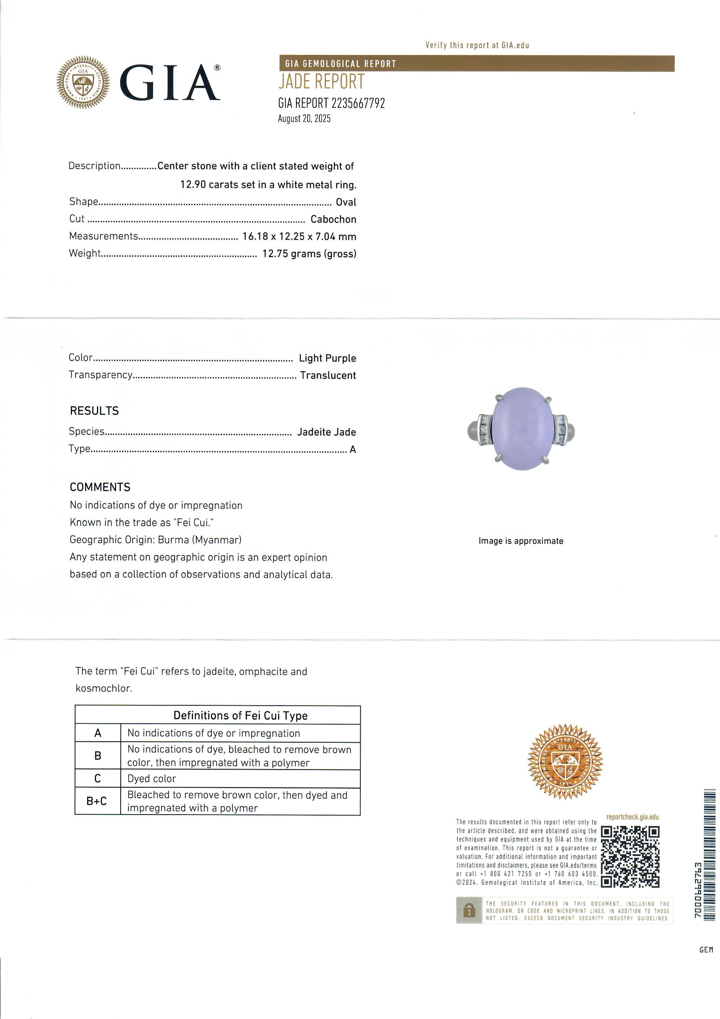 Solid Platinum GIA 13.17ctw Burma Oval Lavender Jade & Diamond Statement Ring For Sale 8