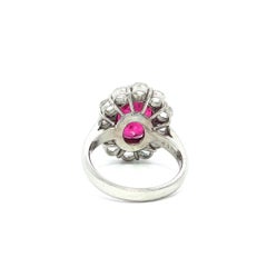 Solid Platinum Large GIA 6.37ctw Oval Ruby w/ Rose Cut Diamond Halo Ring