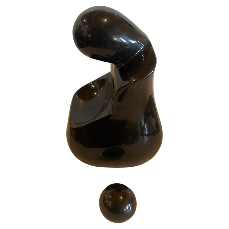 Solid Polished Black Onyx Mother & Child Sculpture Postmodern