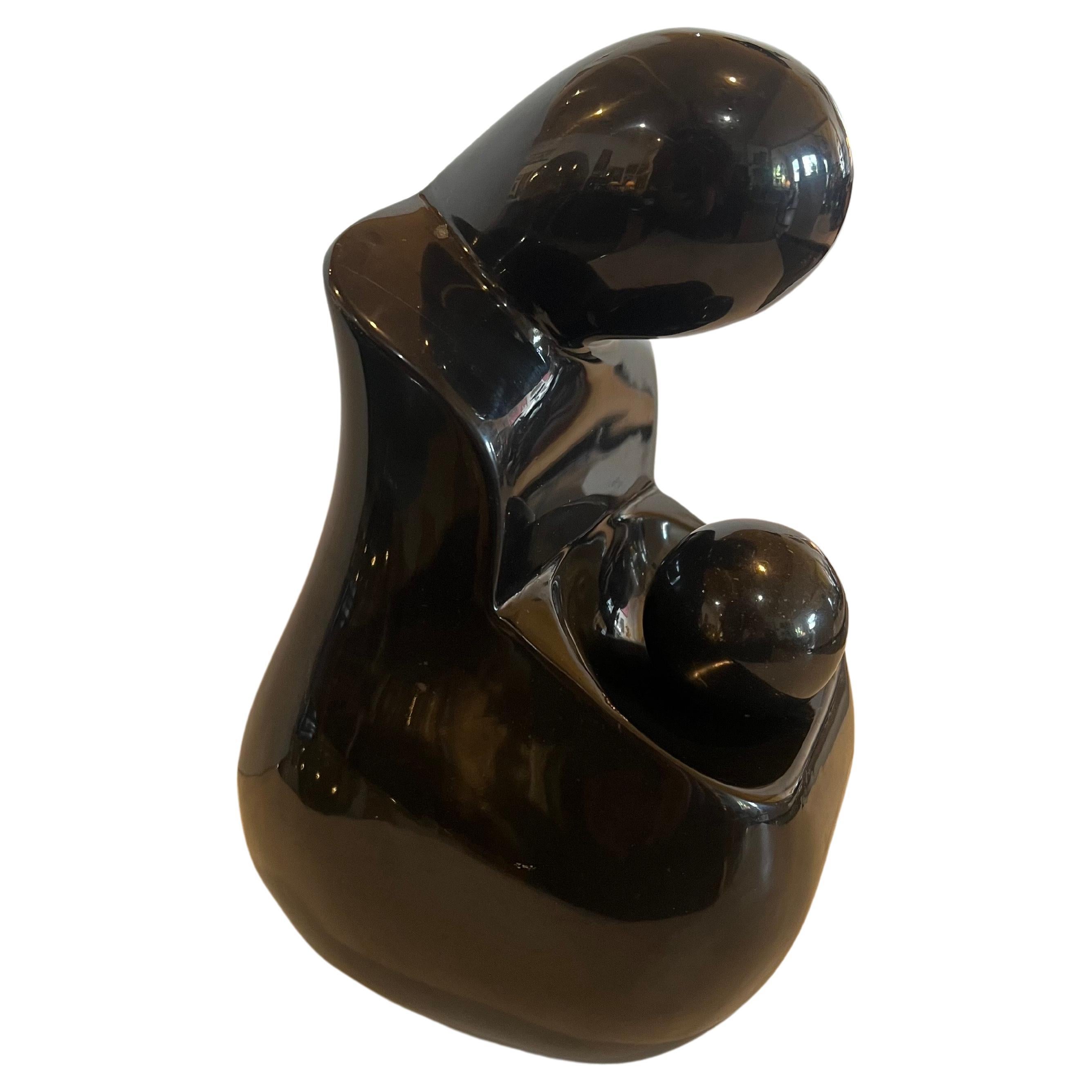 20th Century Solid Polished Black Onyx Mother & Child Sculpture Postmodern