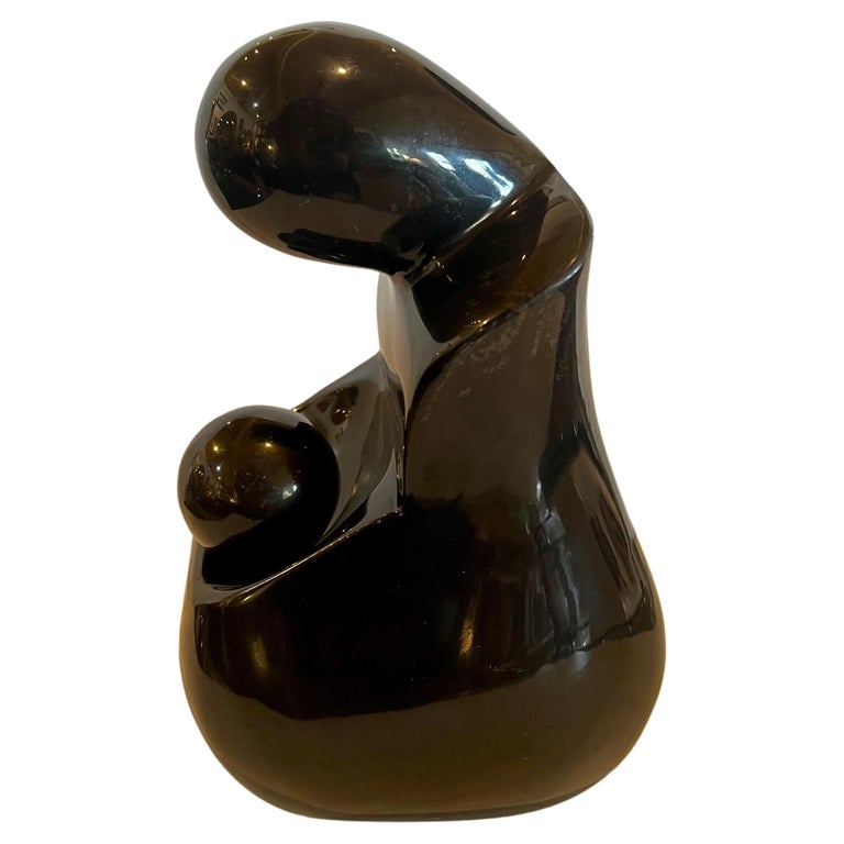 Solid Polished Black Onyx Mother and Child Sculpture Postmodern
