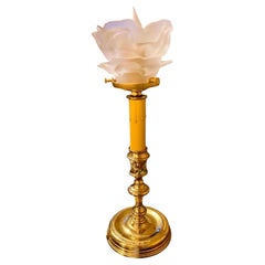 Solid Polished Brass Candlestick Lamp Frosted Glass Petal shade
