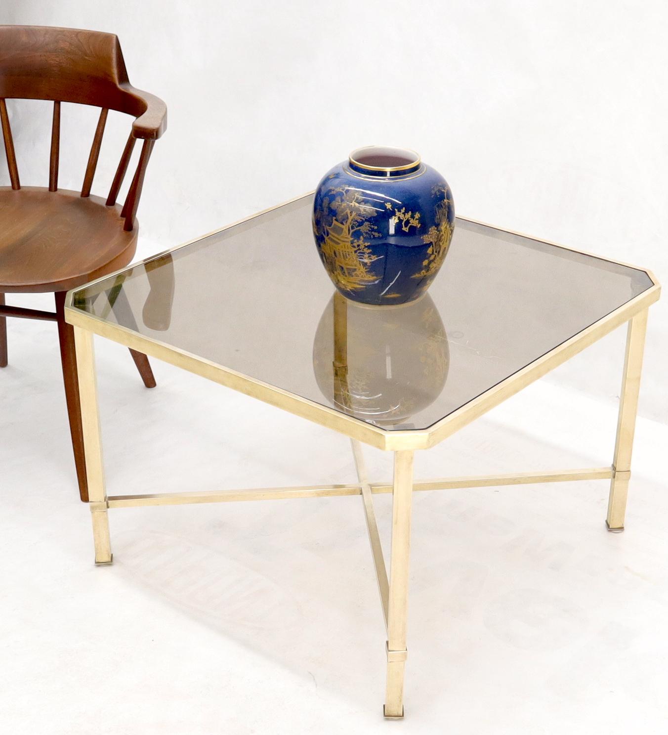 Mid-Century Modern Hollywood Regency heavy solid brass gage frame smoked glass top coffee side end center table.
