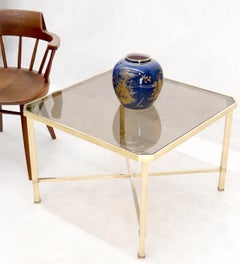 Solid Polished Brass Square X Base Side Coffee Table with Smoked Glass top