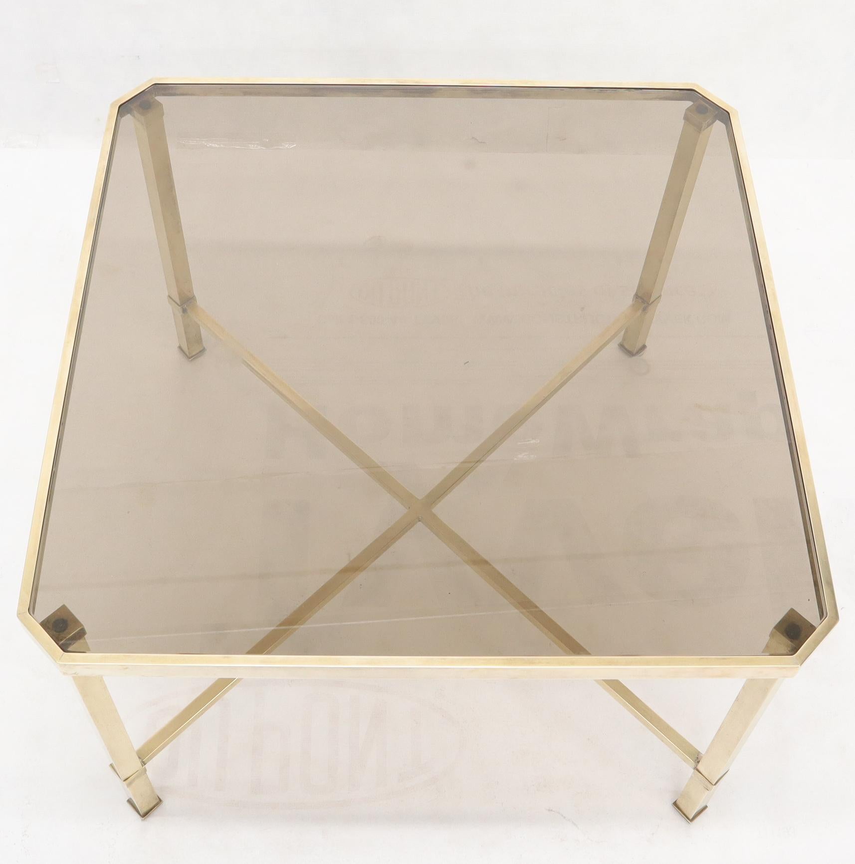 Mid-Century Modern Solid Polished Brass Square X Base Side Coffee Table with Smoked Glass top For Sale