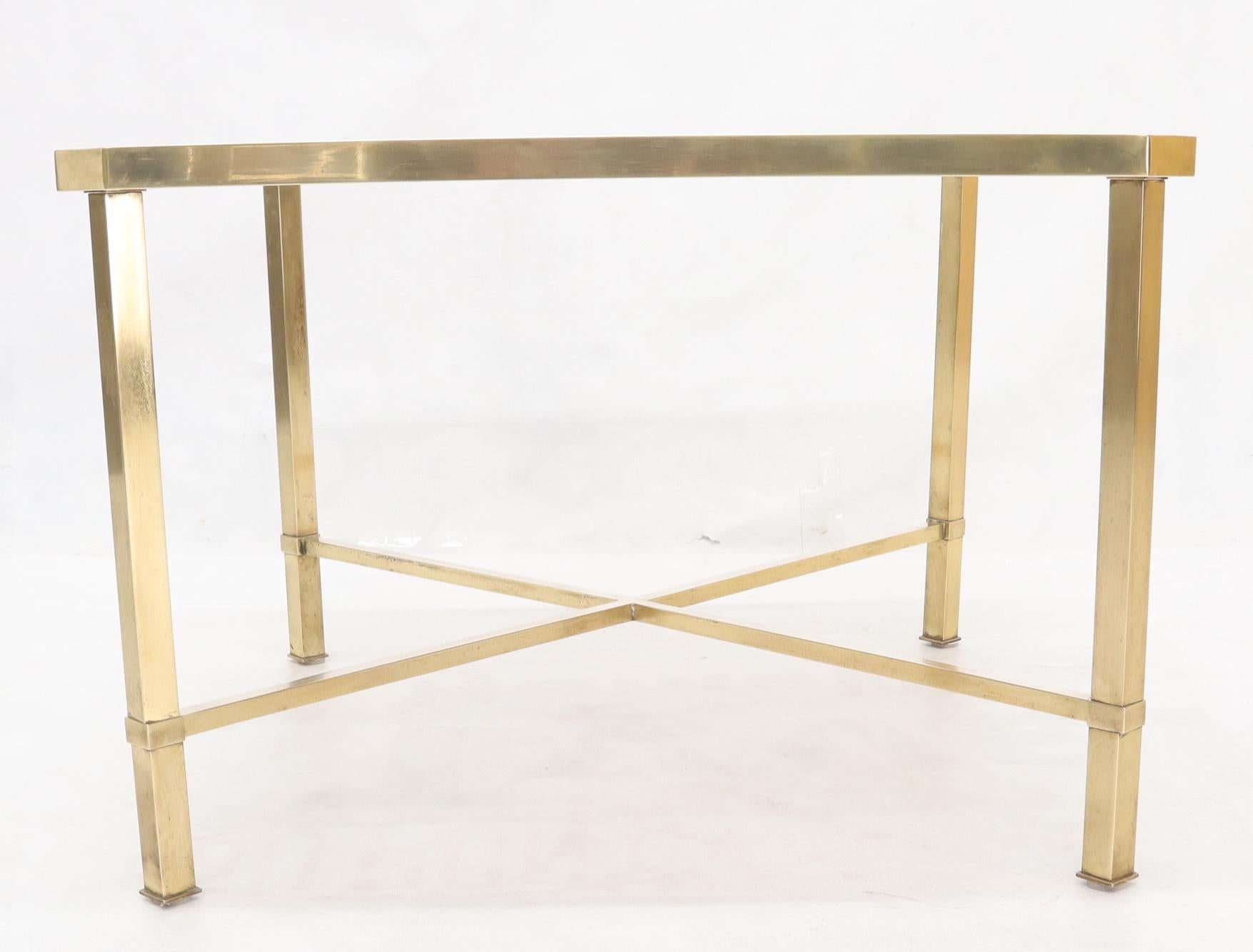 Italian Solid Polished Brass Square X Base Side Coffee Table with Smoked Glass top For Sale