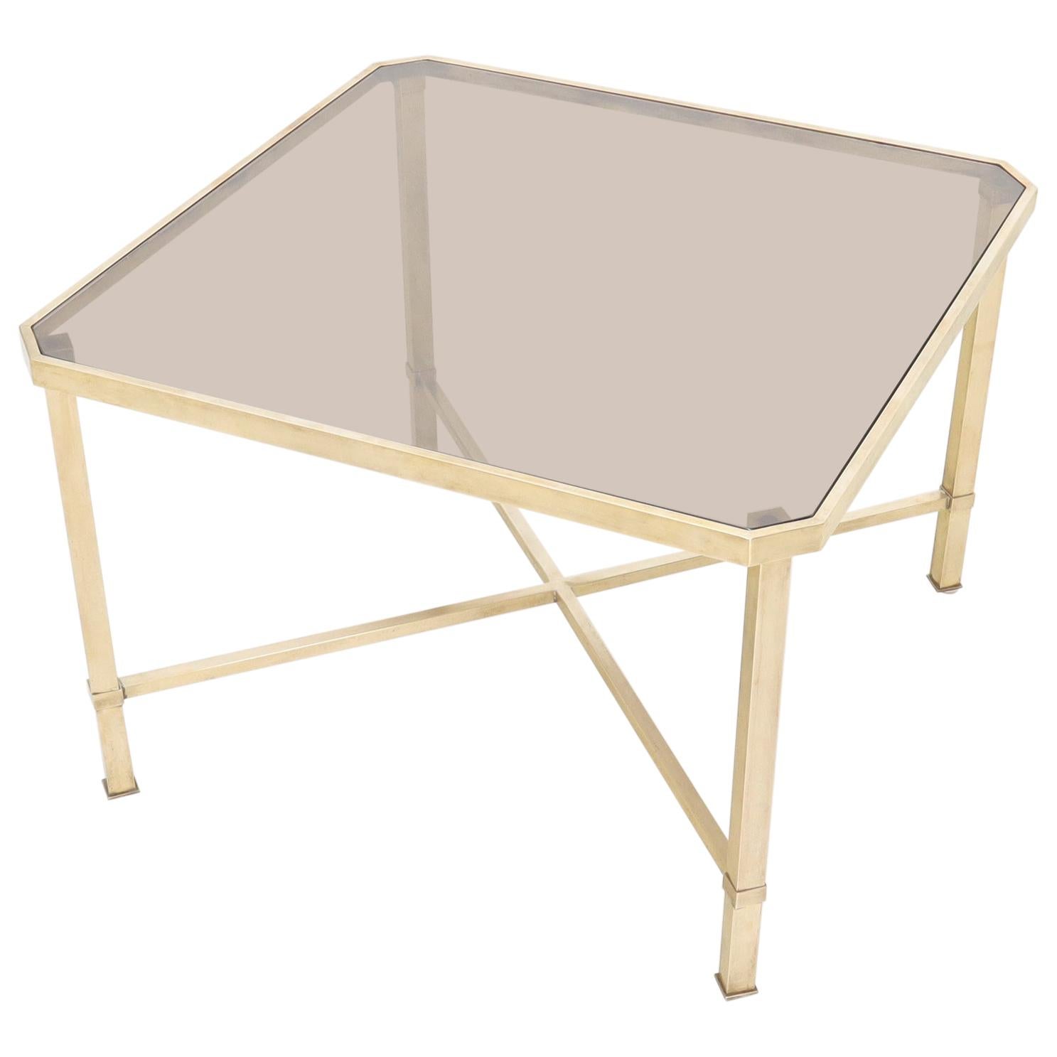 Solid Polished Brass Square X Base Side Coffee Table with Smoked Glass top