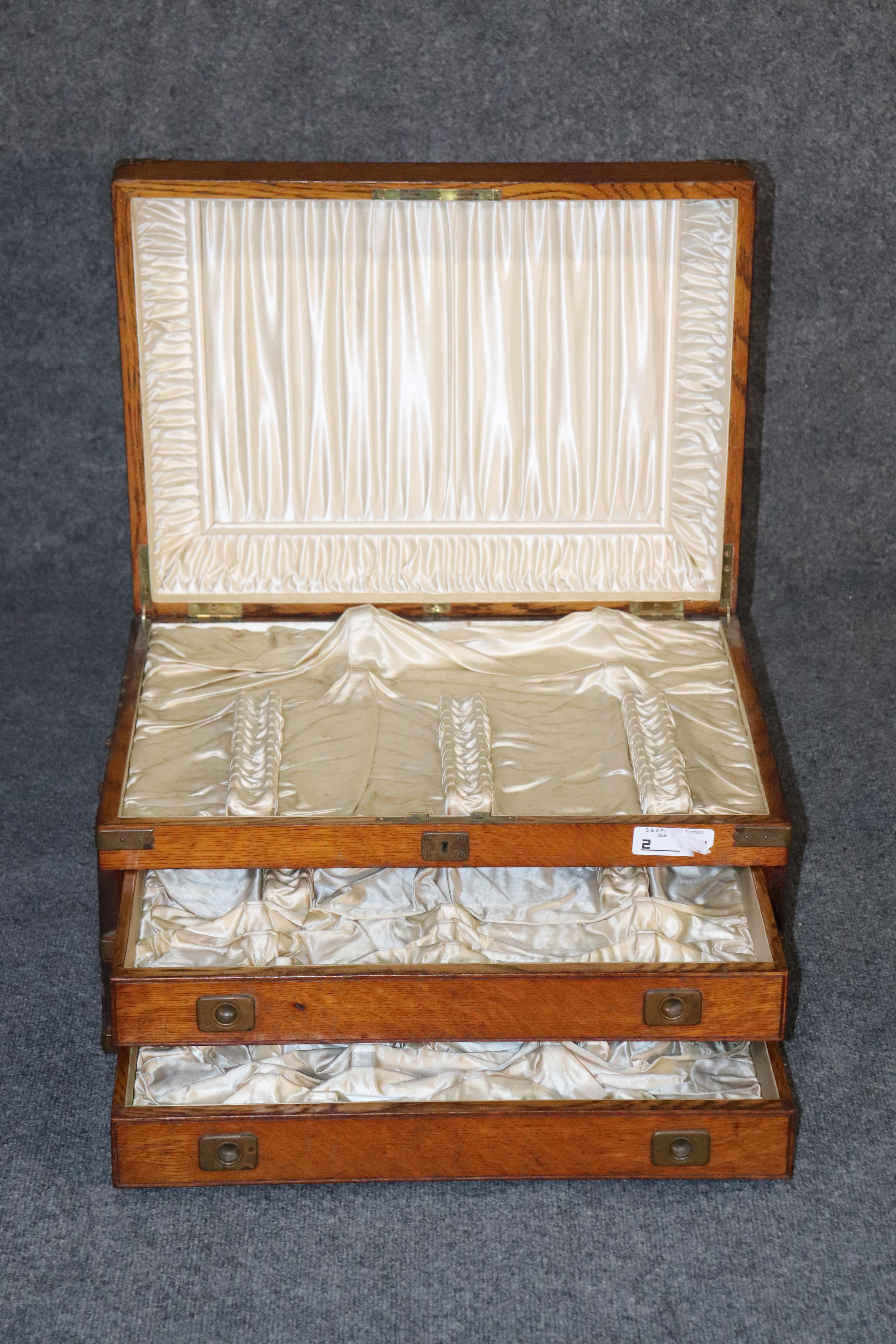 American Solid Quarter Sawn Oak Campaign Style Silverware Box, circa 1900