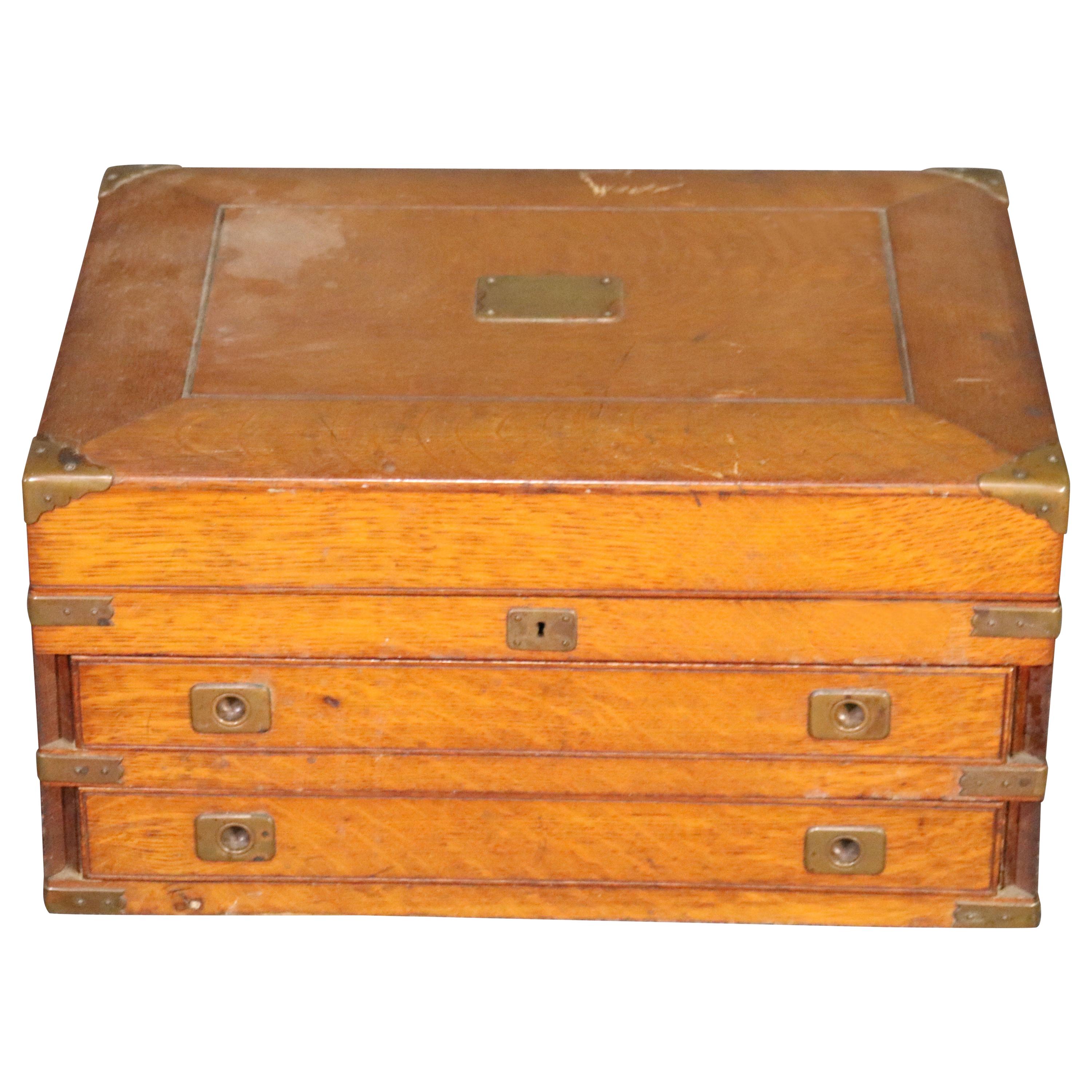 Solid Quarter Sawn Oak Campaign Style Silverware Box, circa 1900