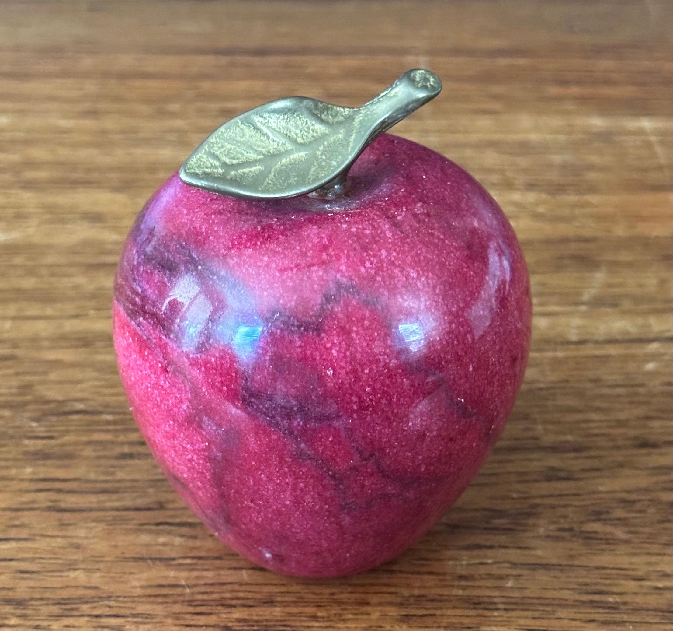 Mid-Century Modern Solid Red Marble Apple Paperweight with Brass Stem For Sale