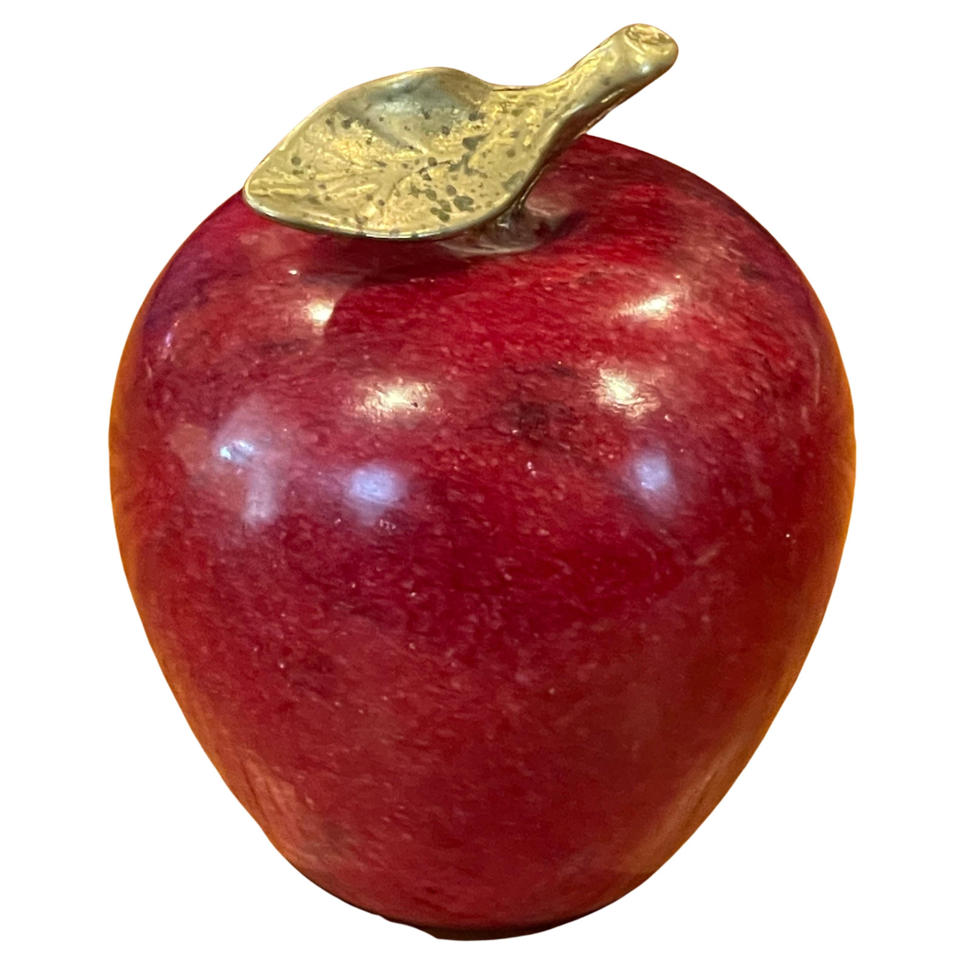 Mid-Century Modern Solid Red Marble Apple Paperweight with Brass Stem For Sale