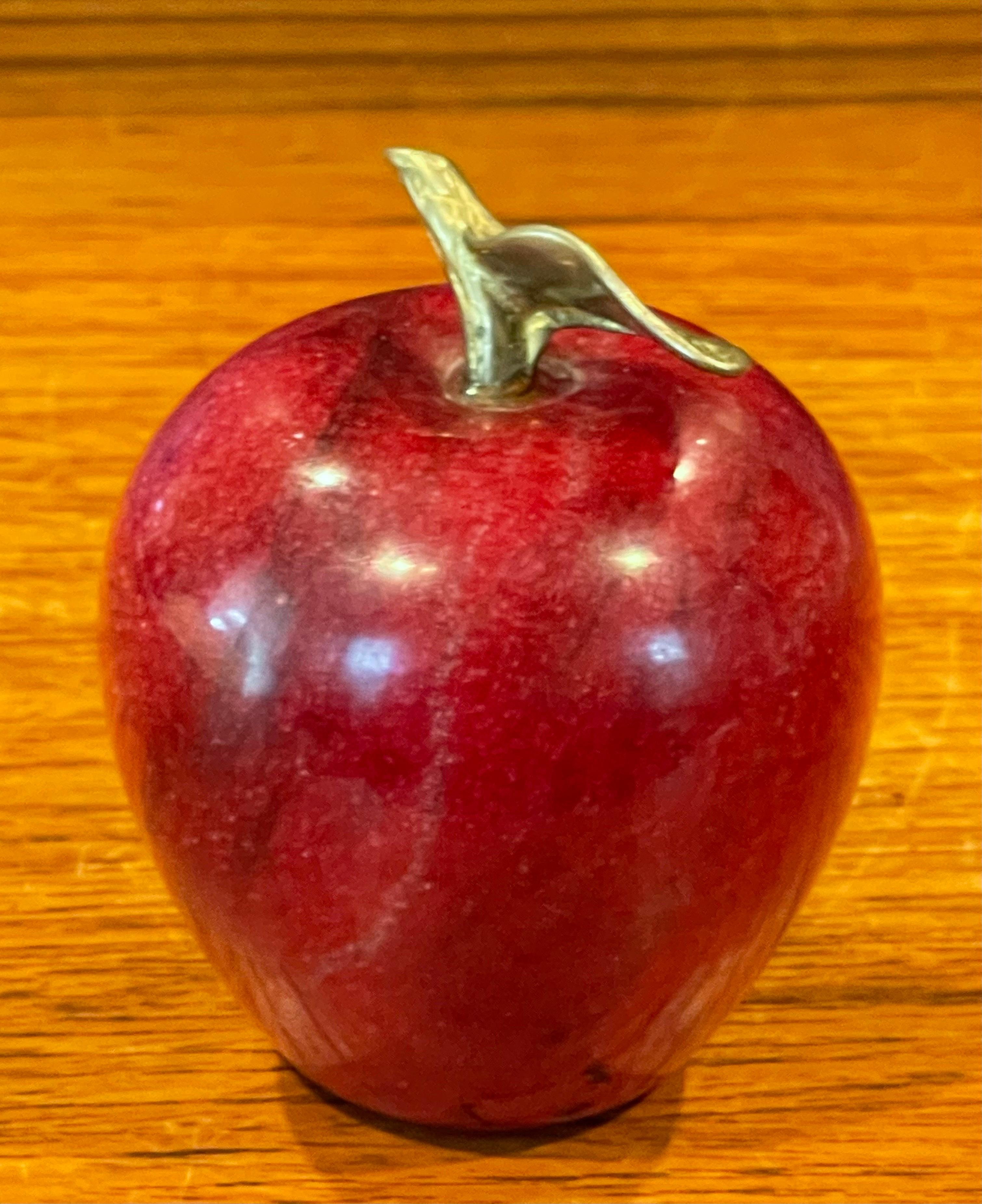 Italian Solid Red Marble Apple Paperweight with Brass Stem For Sale