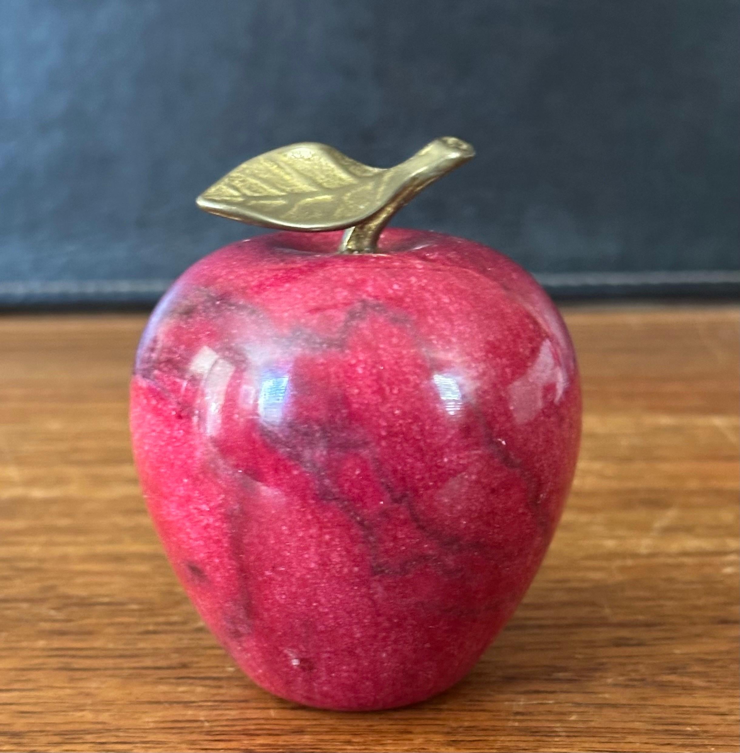 Italian Solid Red Marble Apple Paperweight with Brass Stem For Sale