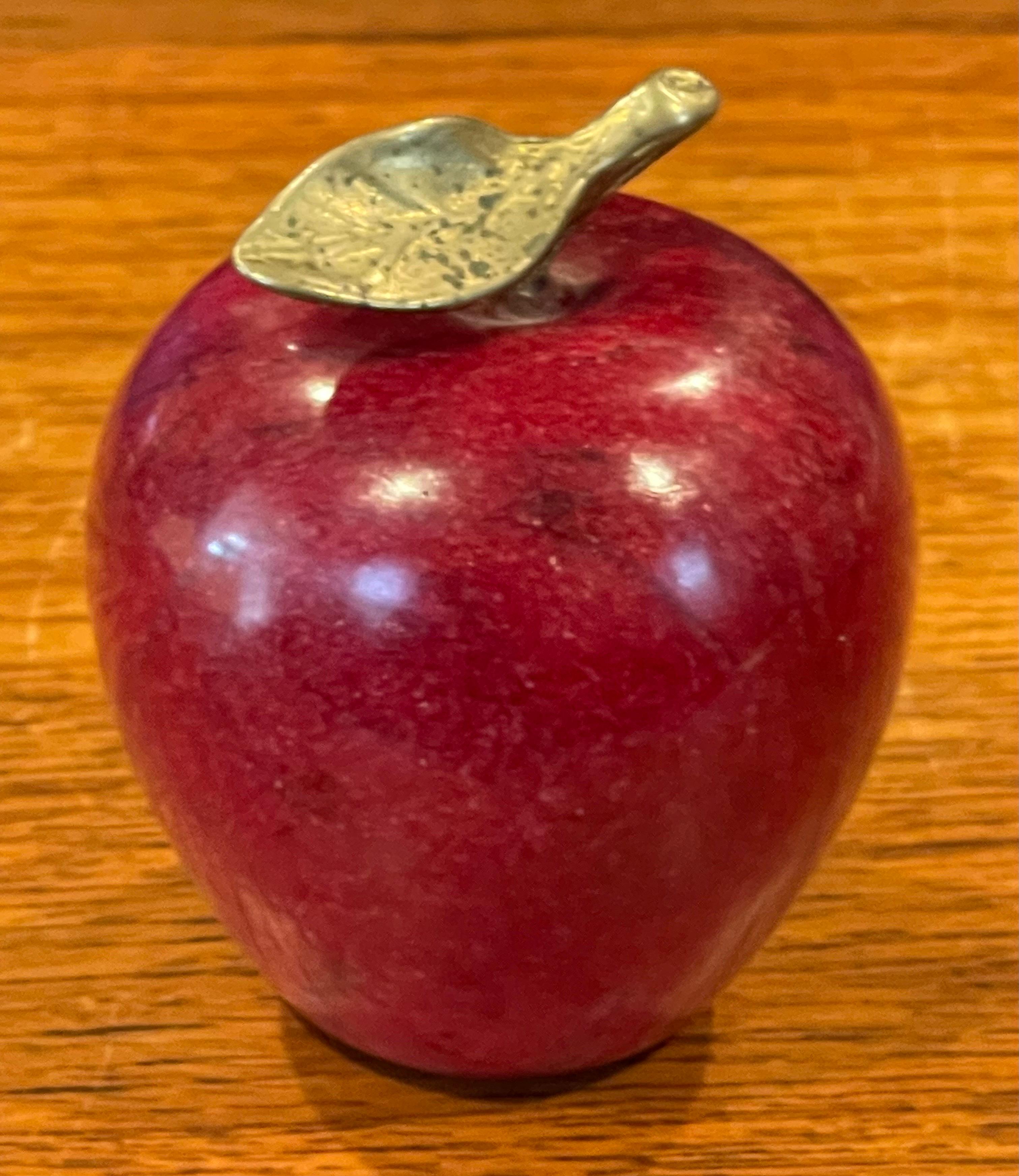 Solid Red Marble Apple Paperweight with Brass Stem In Good Condition For Sale In San Diego, CA