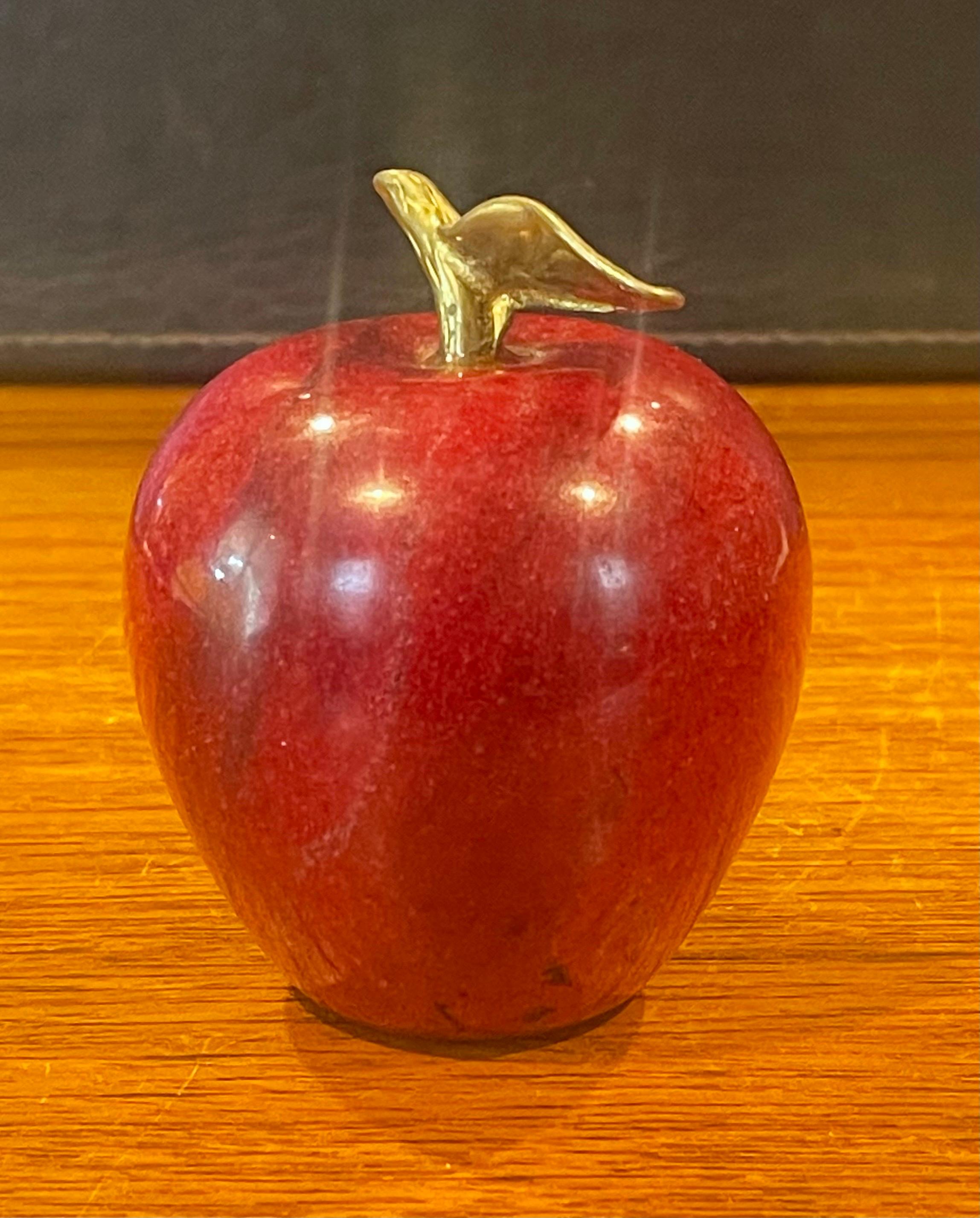 20th Century Solid Red Marble Apple Paperweight with Brass Stem For Sale