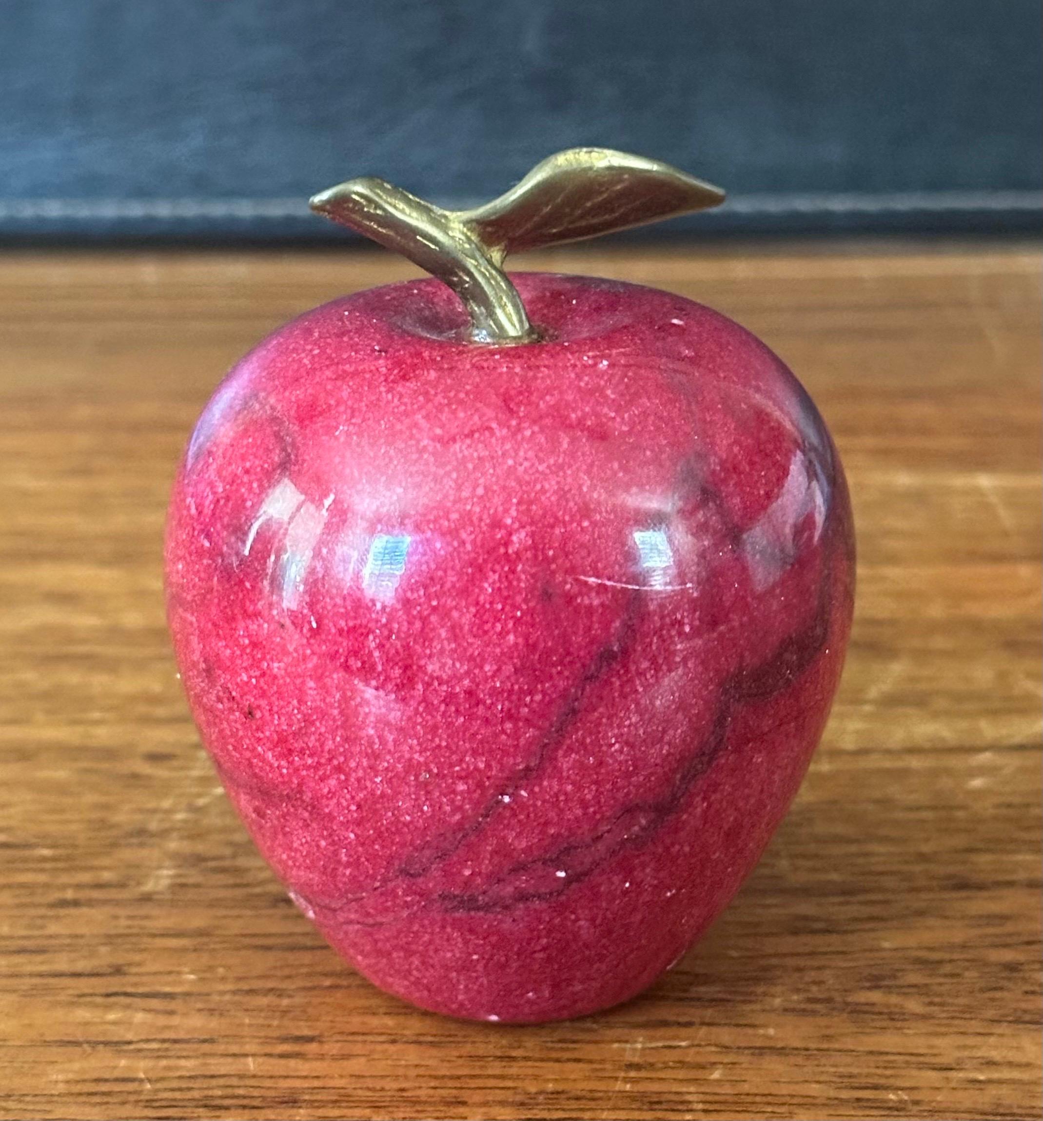 20th Century Solid Red Marble Apple Paperweight with Brass Stem For Sale