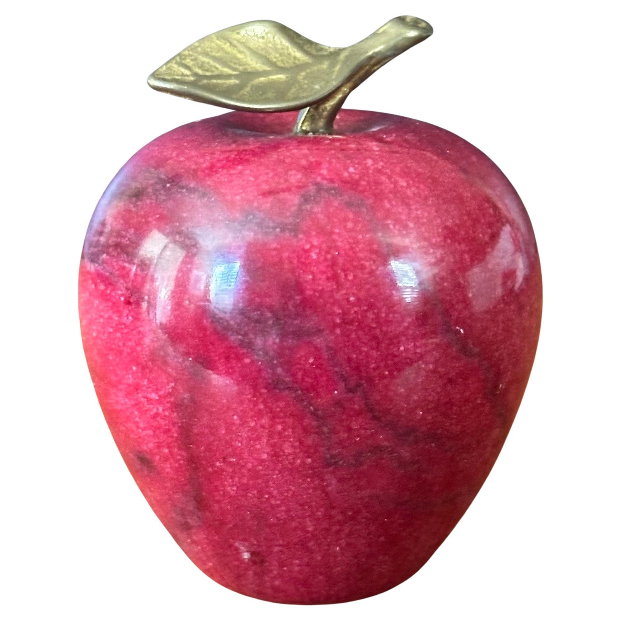 Solid Red Marble Apple Paperweight with Brass Stem For Sale 3