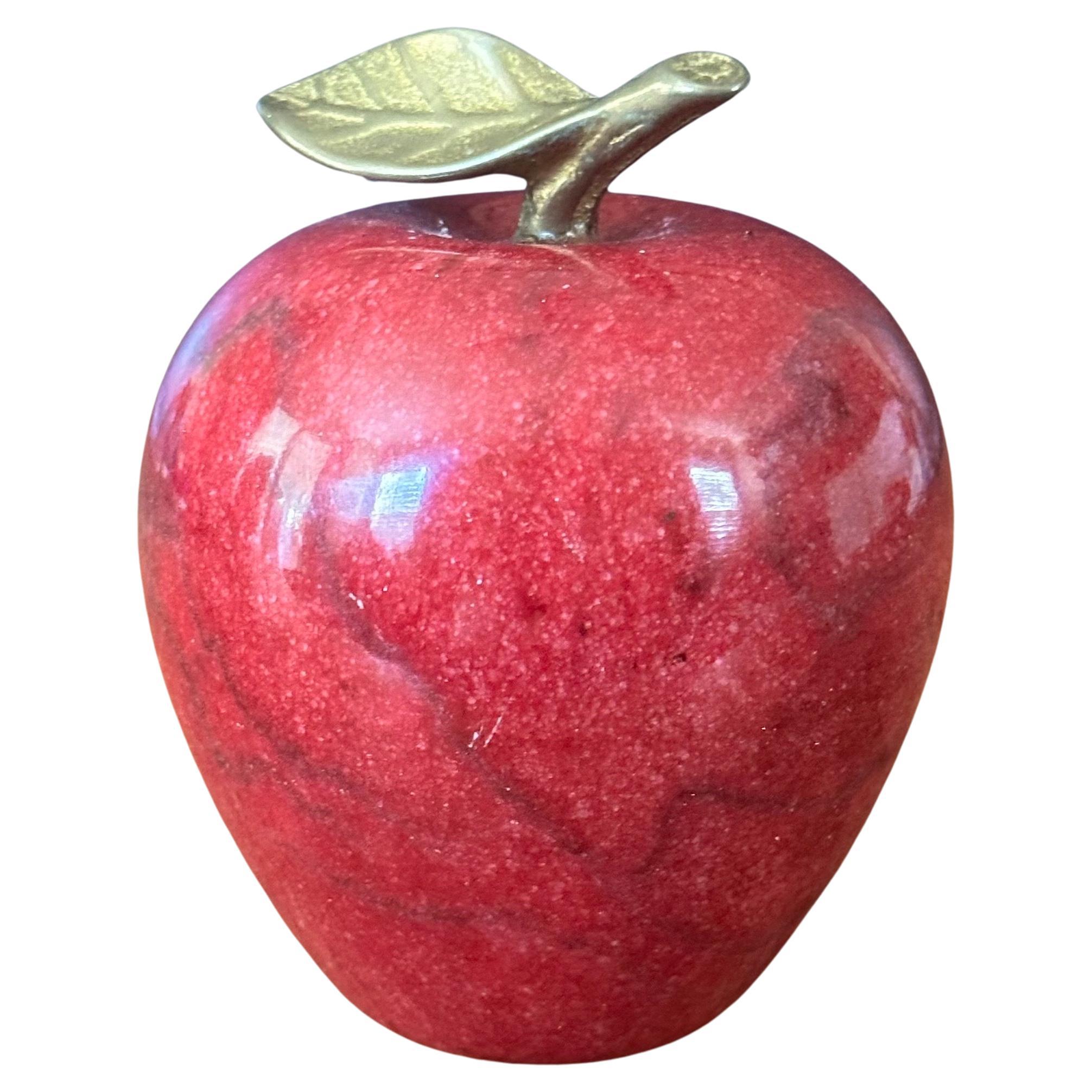 Solid Red Marble Apple Paperweight with Brass Stem For Sale