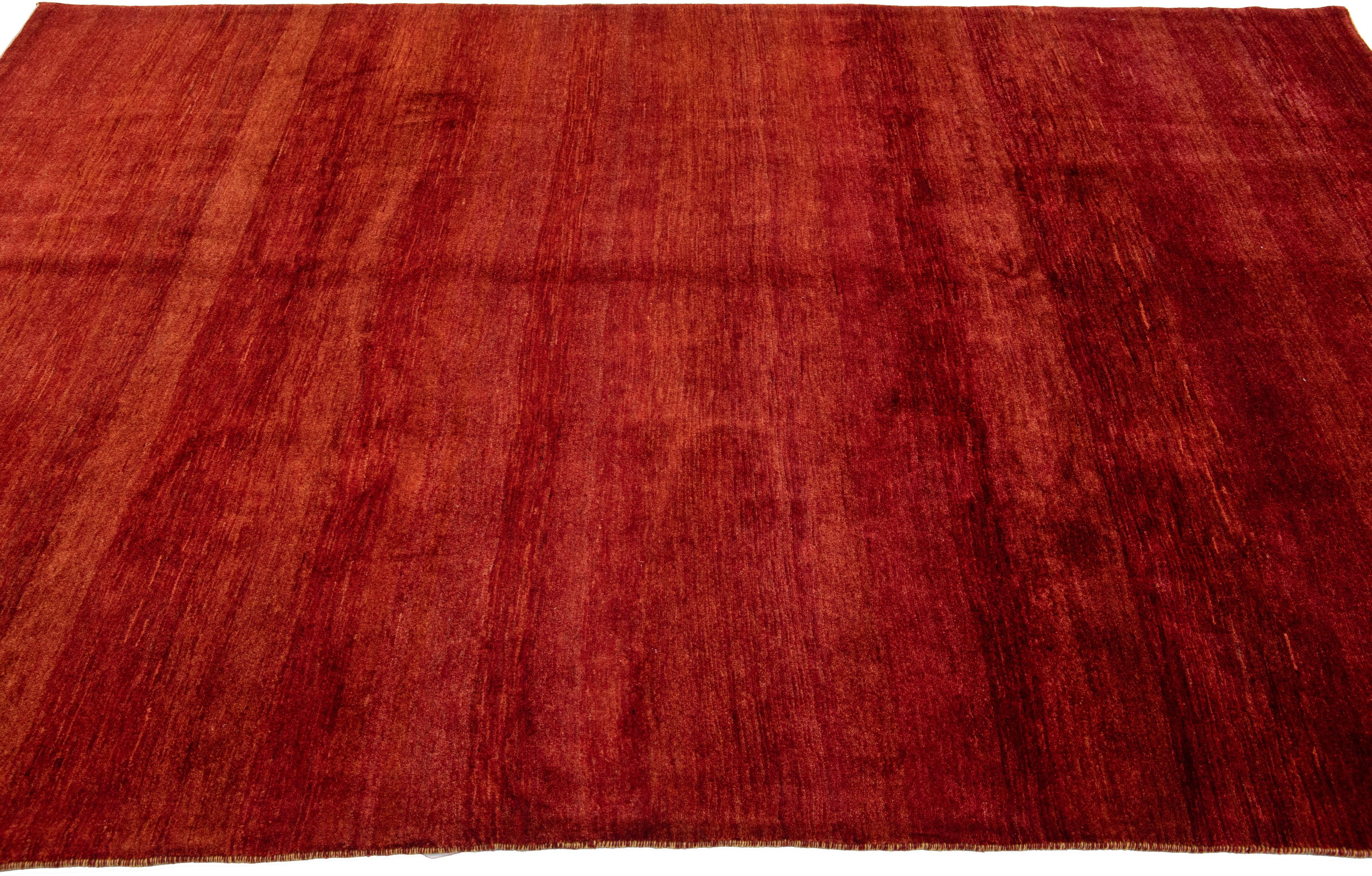 Contemporary  Solid Red Modern Gabbeh Style Handmade Room Size Wool Rug For Sale