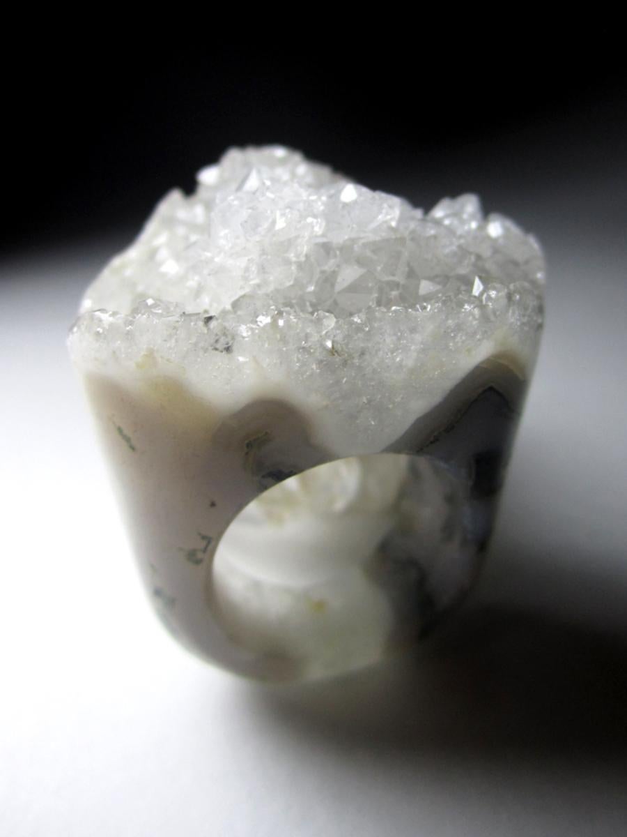 Artisan Solid Rock Crystal Ring Clear Quartz Raw Snow White Natural Brazilian Gemstone For Sale