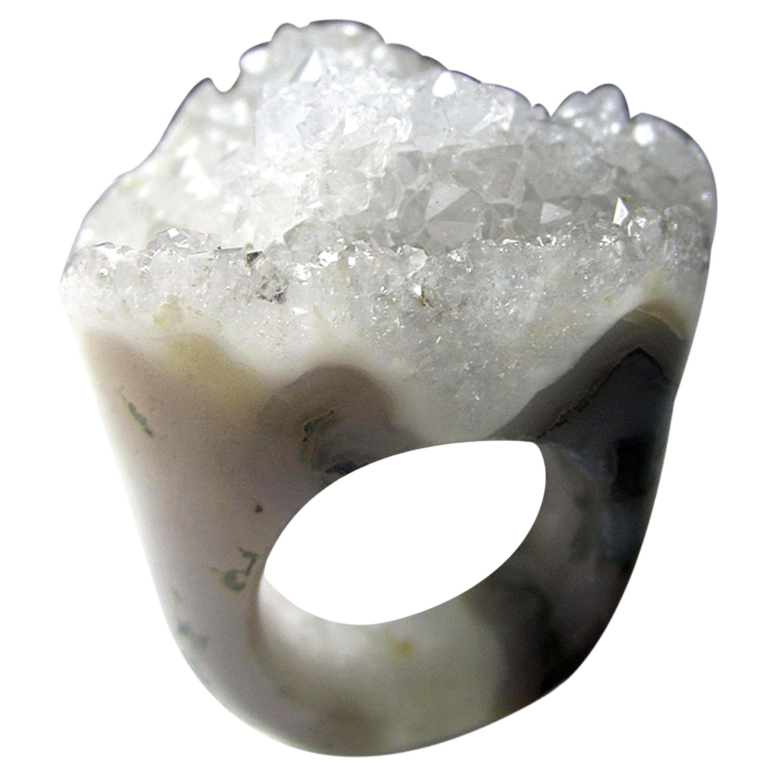 Solid Rock Crystal Ring Clear Quartz Raw Snow White Natural Brazilian Gemstone
