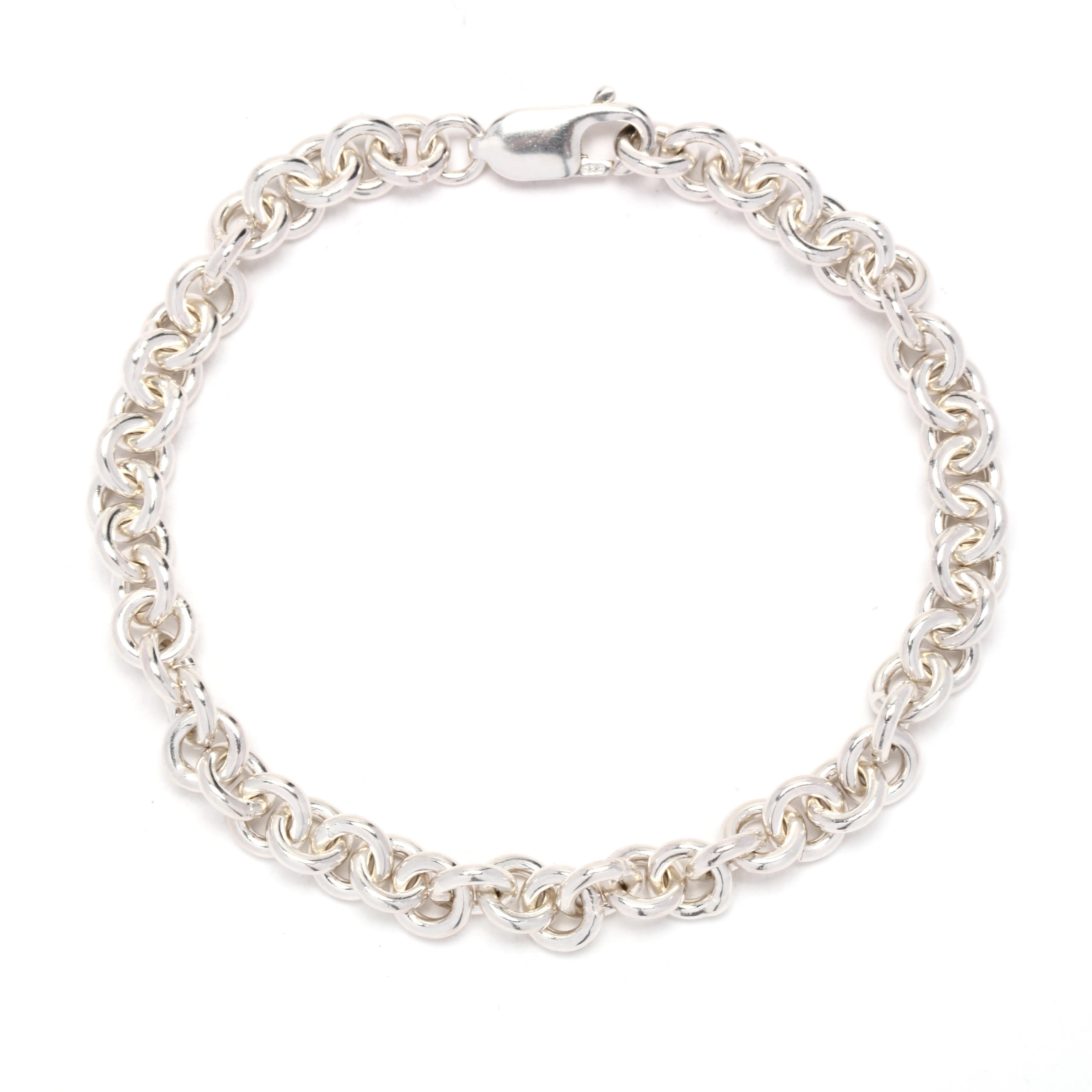 Women's or Men's Solid Rolo Link Chain Bracelet, Sterling Silver For Sale