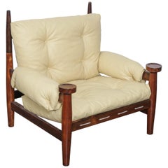 Solid Rosewood 1960s Tall Lounge Chair with Crème Leather Cushions from Brazil