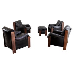 Solid Rosewood 5-Piece Scarpa Bergère Armchairs + Ottoman Set for Maxalto, Italy
