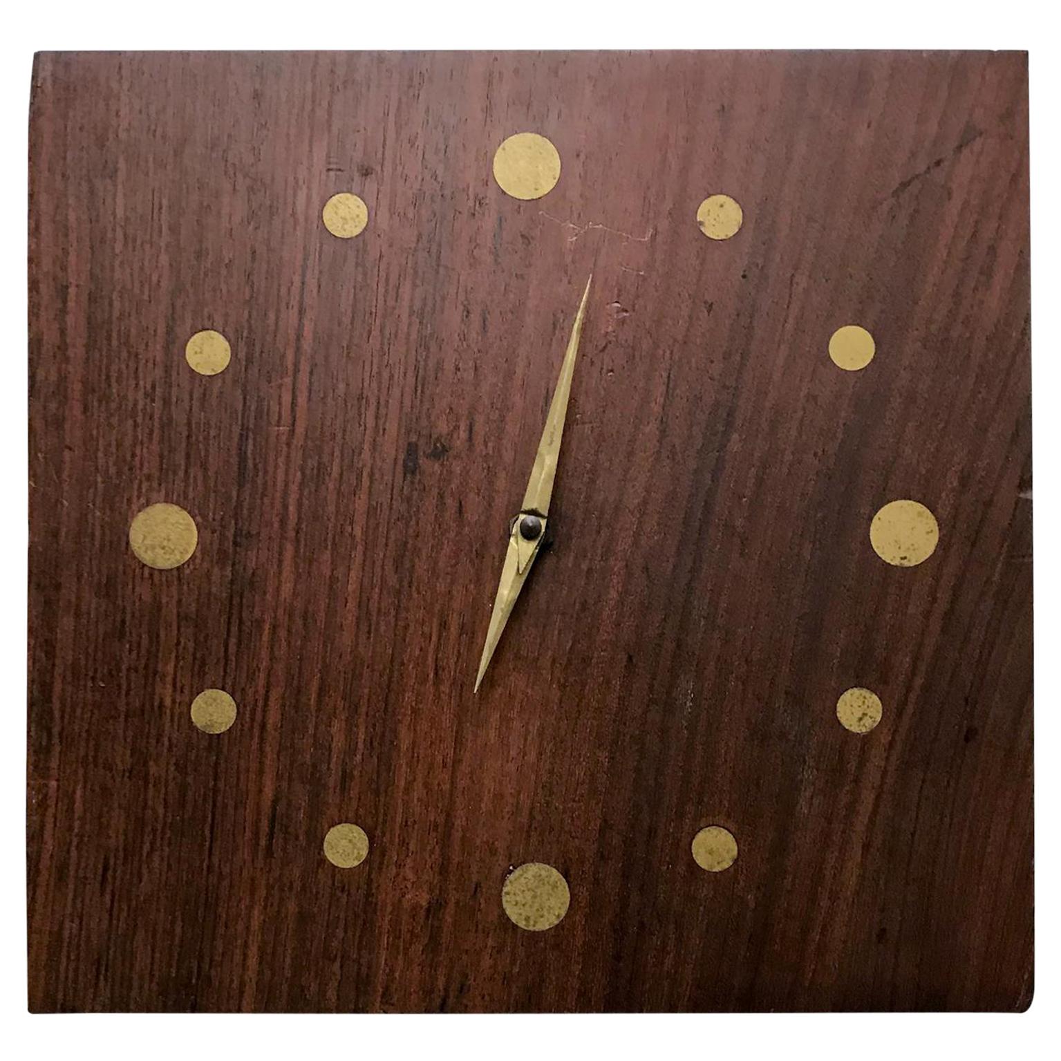 Solid Rosewood and Brass Wall Clock Mid-Century Modern Period