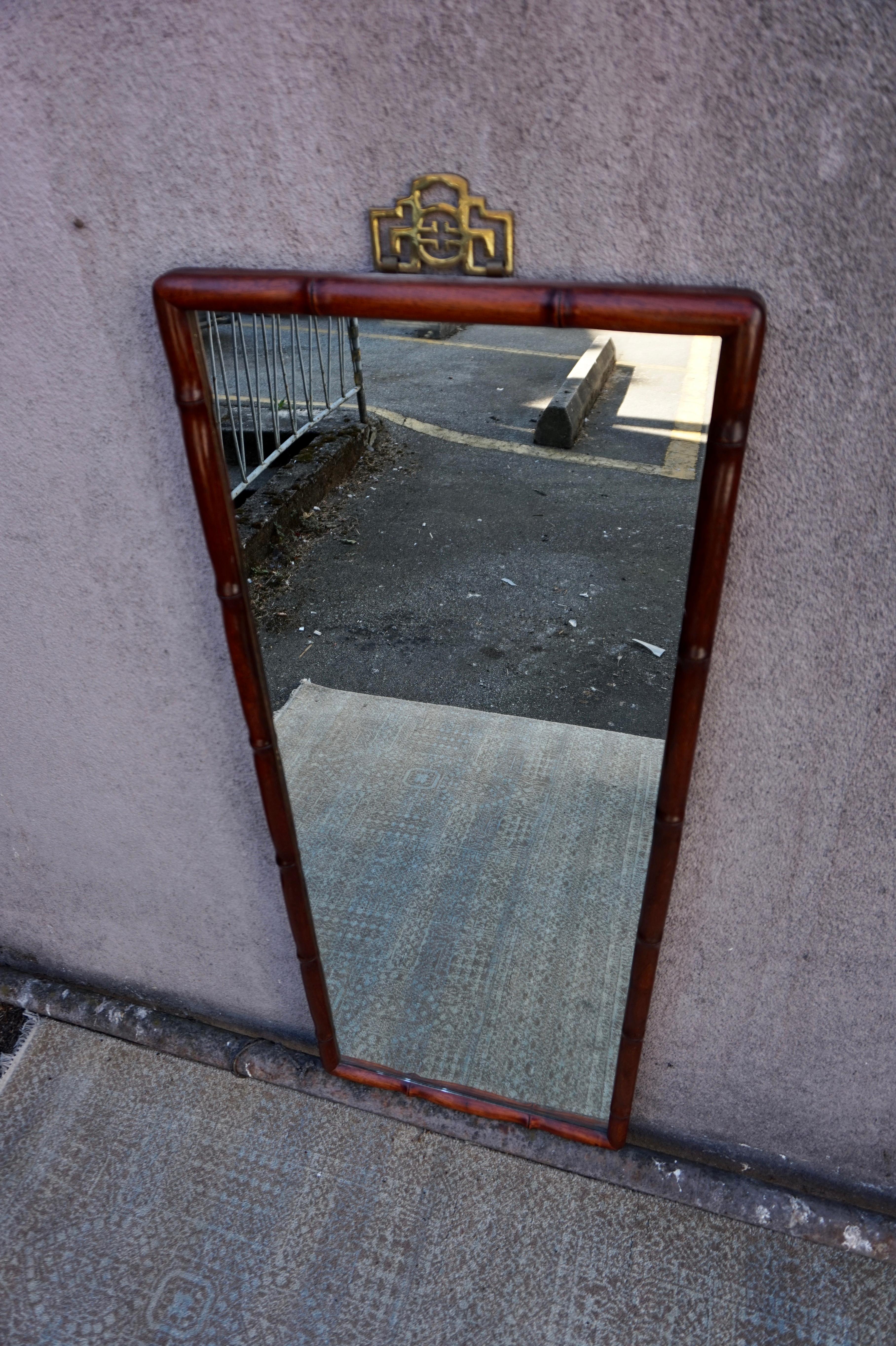 Chinese Export Solid Rosewood Asian Wall Mirror Carved In Bamboo Motif With Brass Hardware For Sale