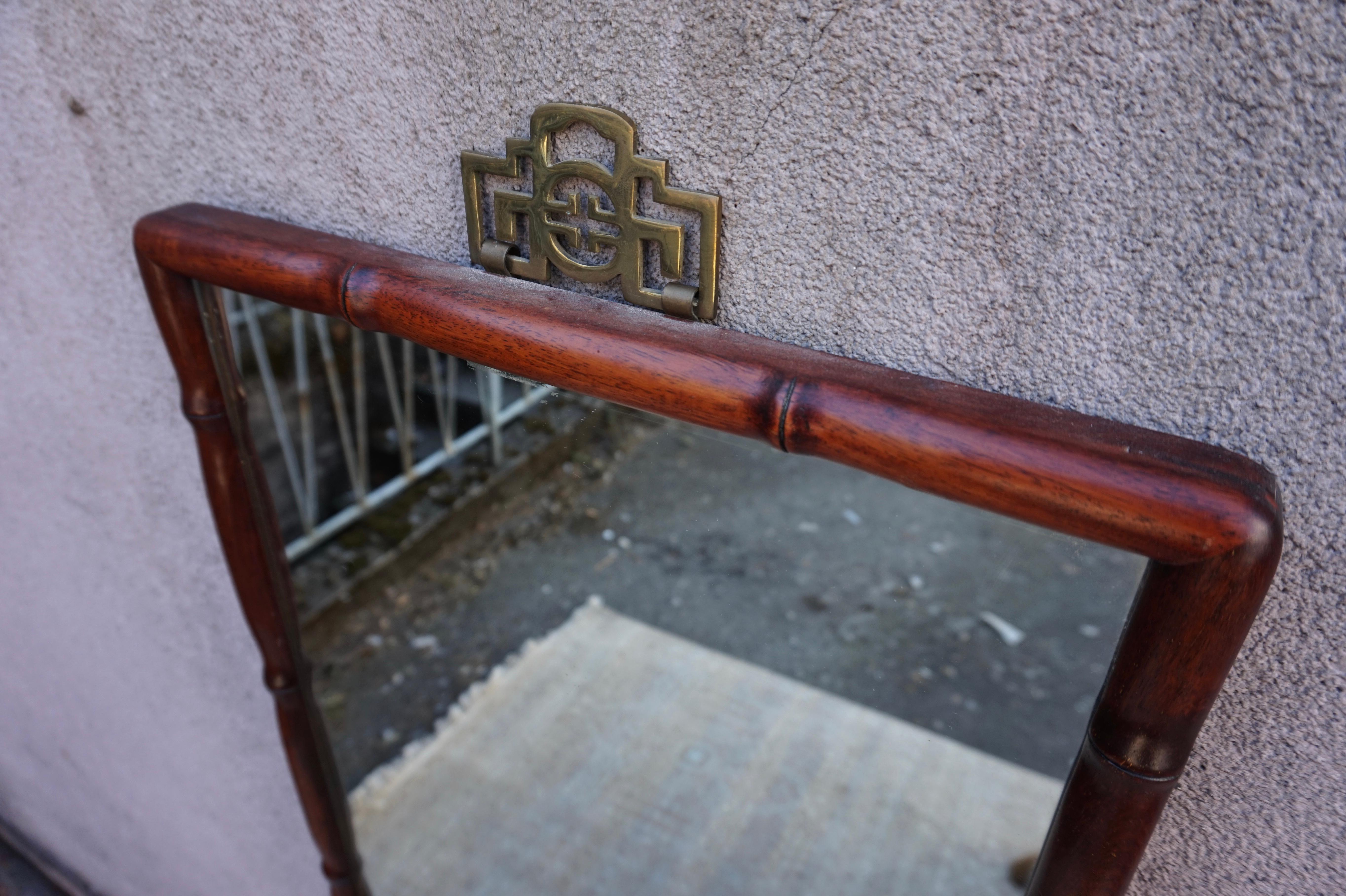 Chinese Solid Rosewood Asian Wall Mirror Carved In Bamboo Motif With Brass Hardware For Sale