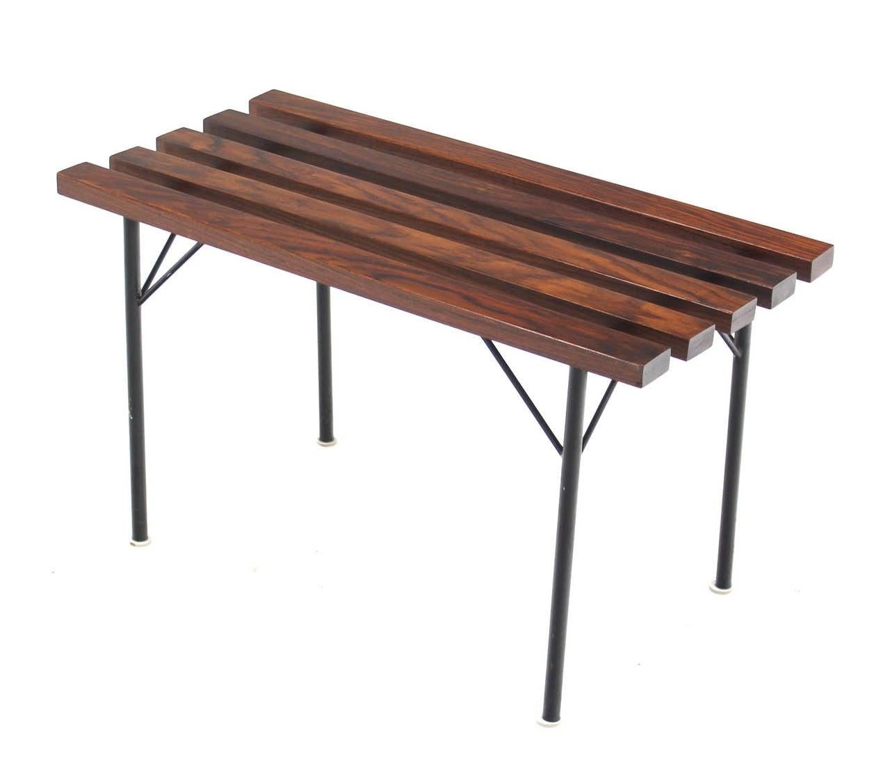 Mid-Century Modern Solid Rosewood Small Compact Mid Century Modern Slat Bench Black Metal Base MINT For Sale